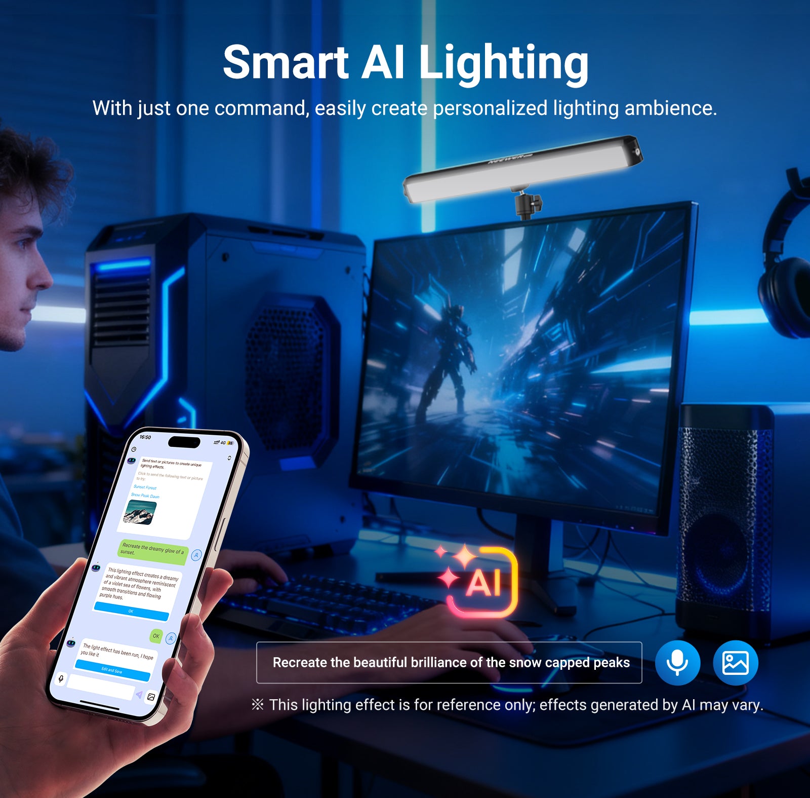 Powered by NEEWER AI Lighting Engine, the modern LED RGB desk lamp for table generates personalized lighting effects via simple voice commands, text, or images.