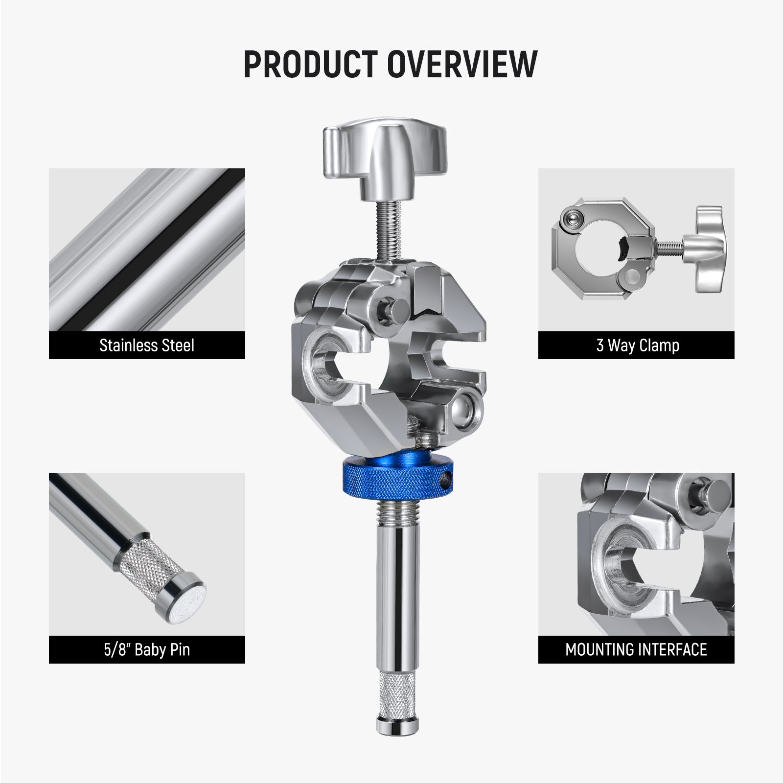 Product details of the NEEWER UA045 3 Way Clamp for C Stand