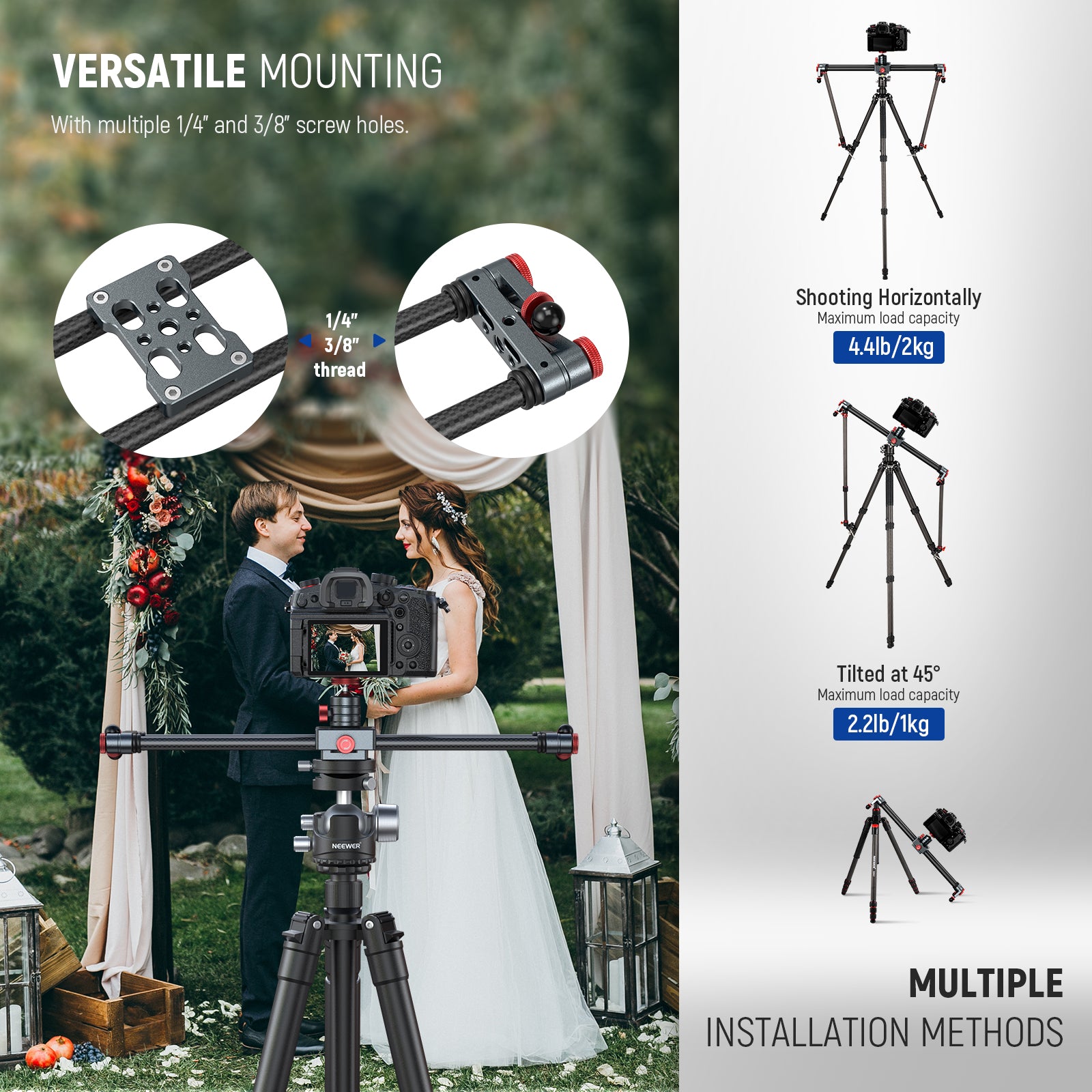 NEEWER CS1M/CS2M Carbon Fiber Camera Slider features with multiple 1/4" and 3/8" screw holes.