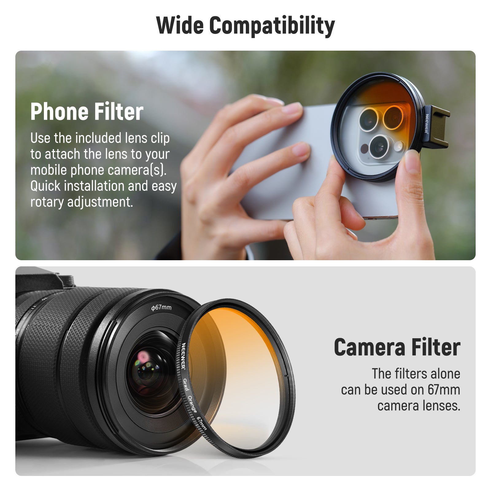 NEEWER Clip On 67mm Phone Lens Filter Kit is widely compatible.