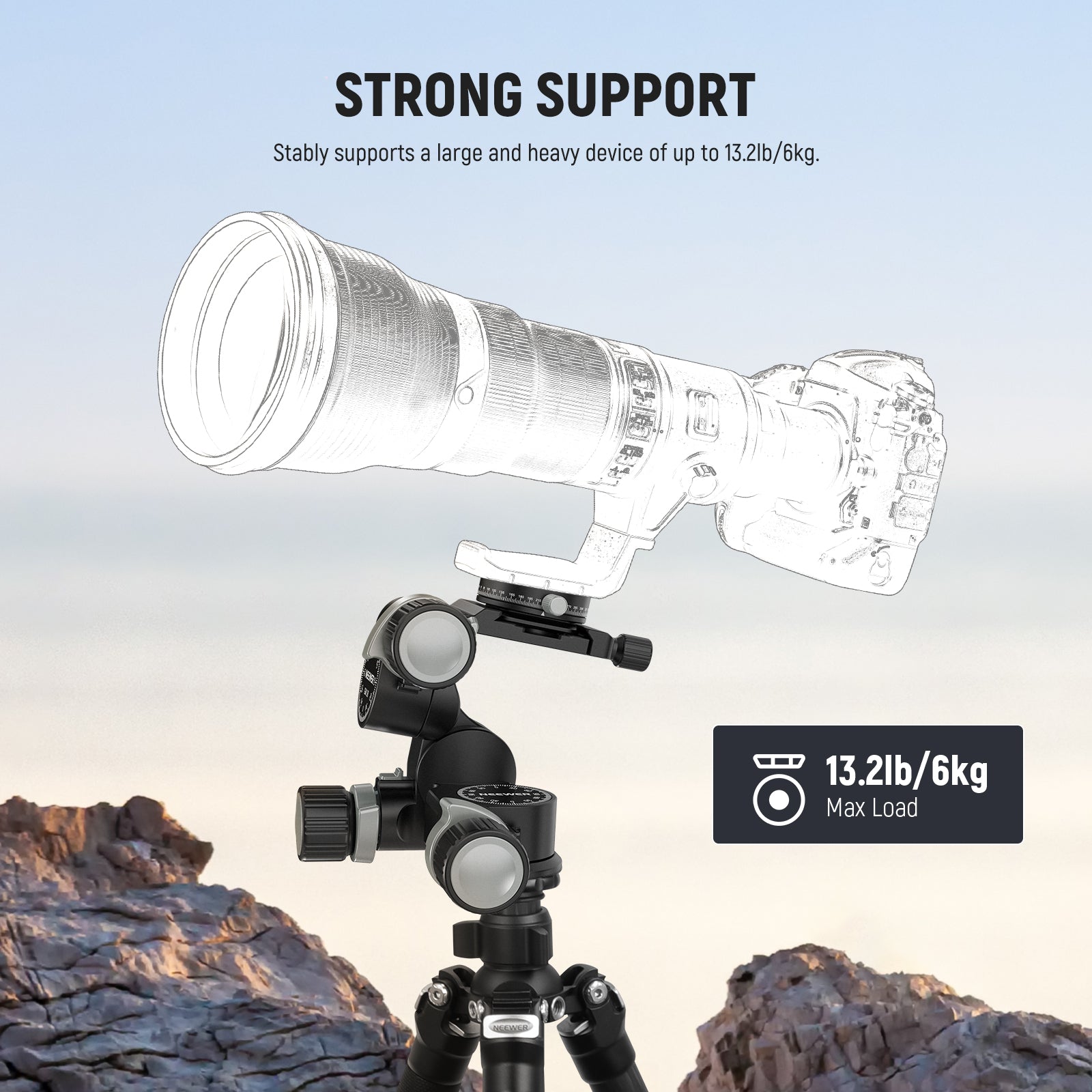 NEEWER TH15 3-Way Geared Tripod Head supports a load up to 6kg.