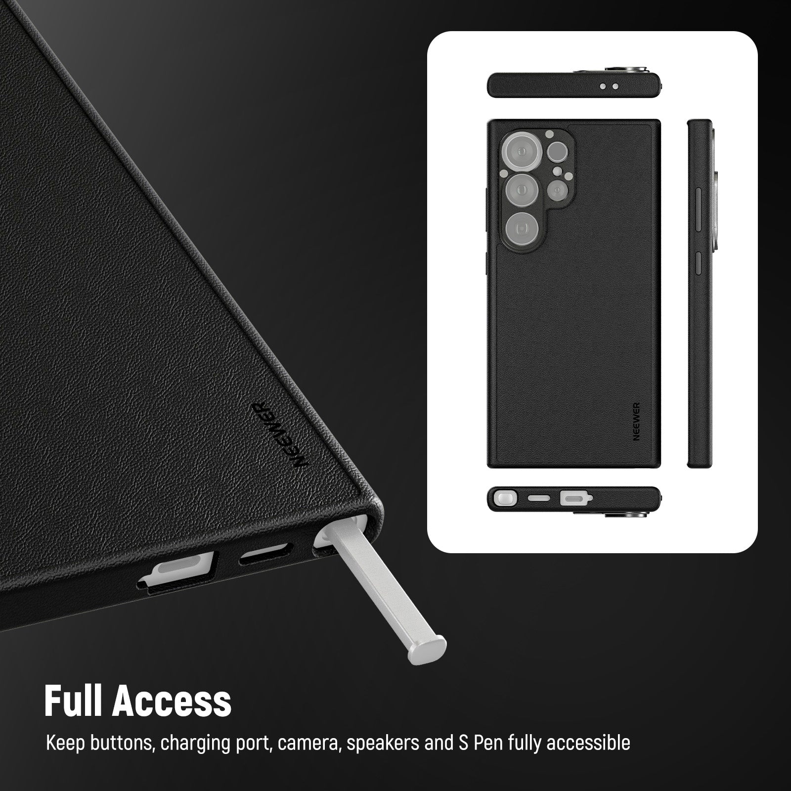 NEEWER PA092 Black Case for Samsung S25 Ultra keeps buttons, charging port, and speakers fully accessible.