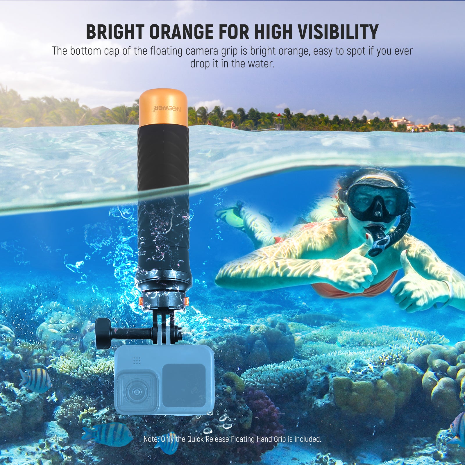 The bottom cap of the floating camera grip is bright orange