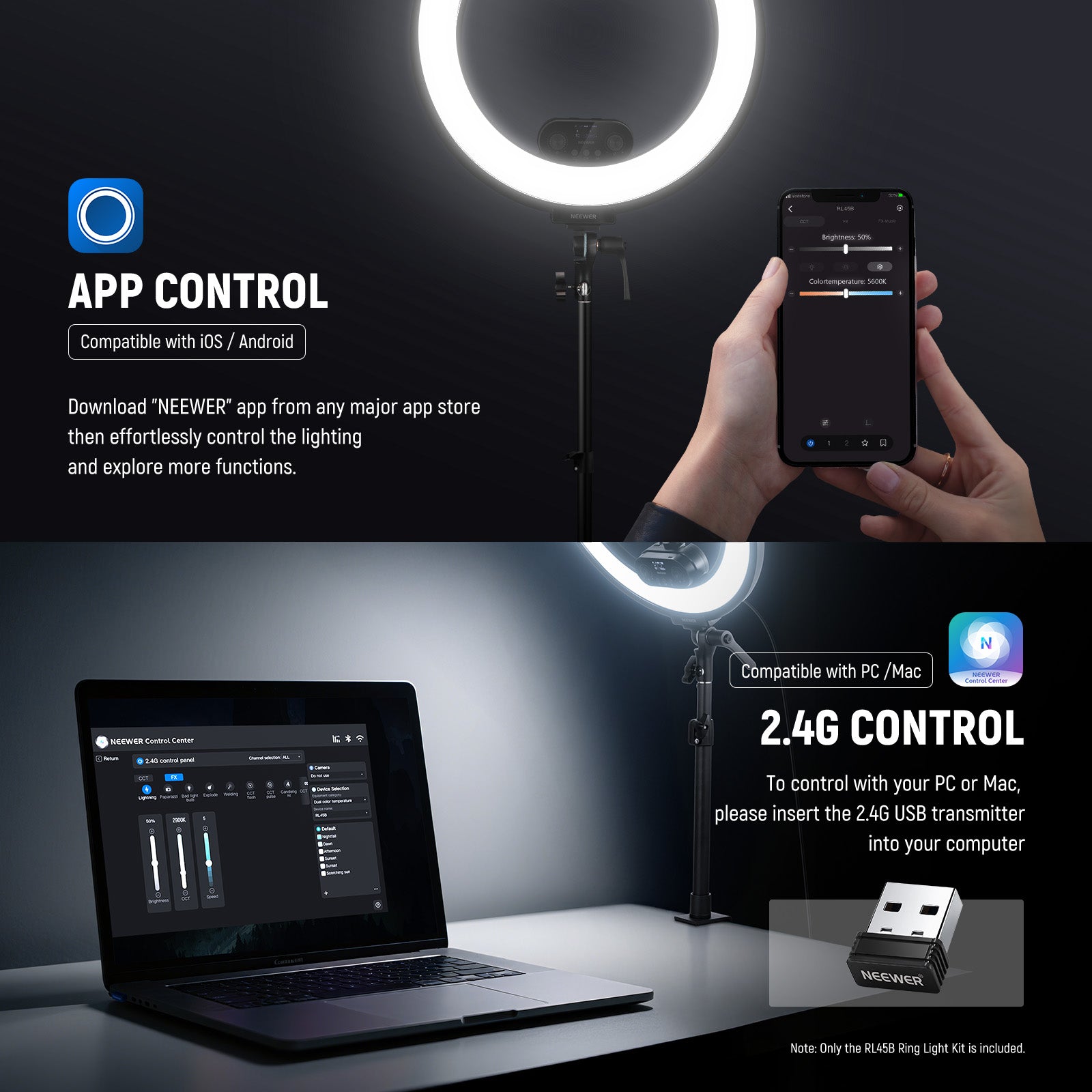 NEEWER RL45B Ring Light can be controlled by App and 2.4G USB transmitter.