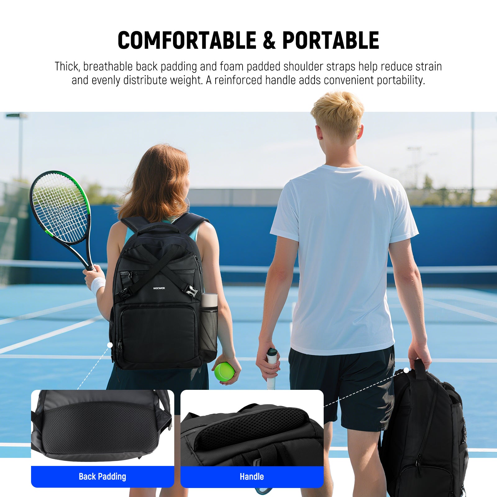 NEEWER TB02B Tennis Bag is portable and comfortable.