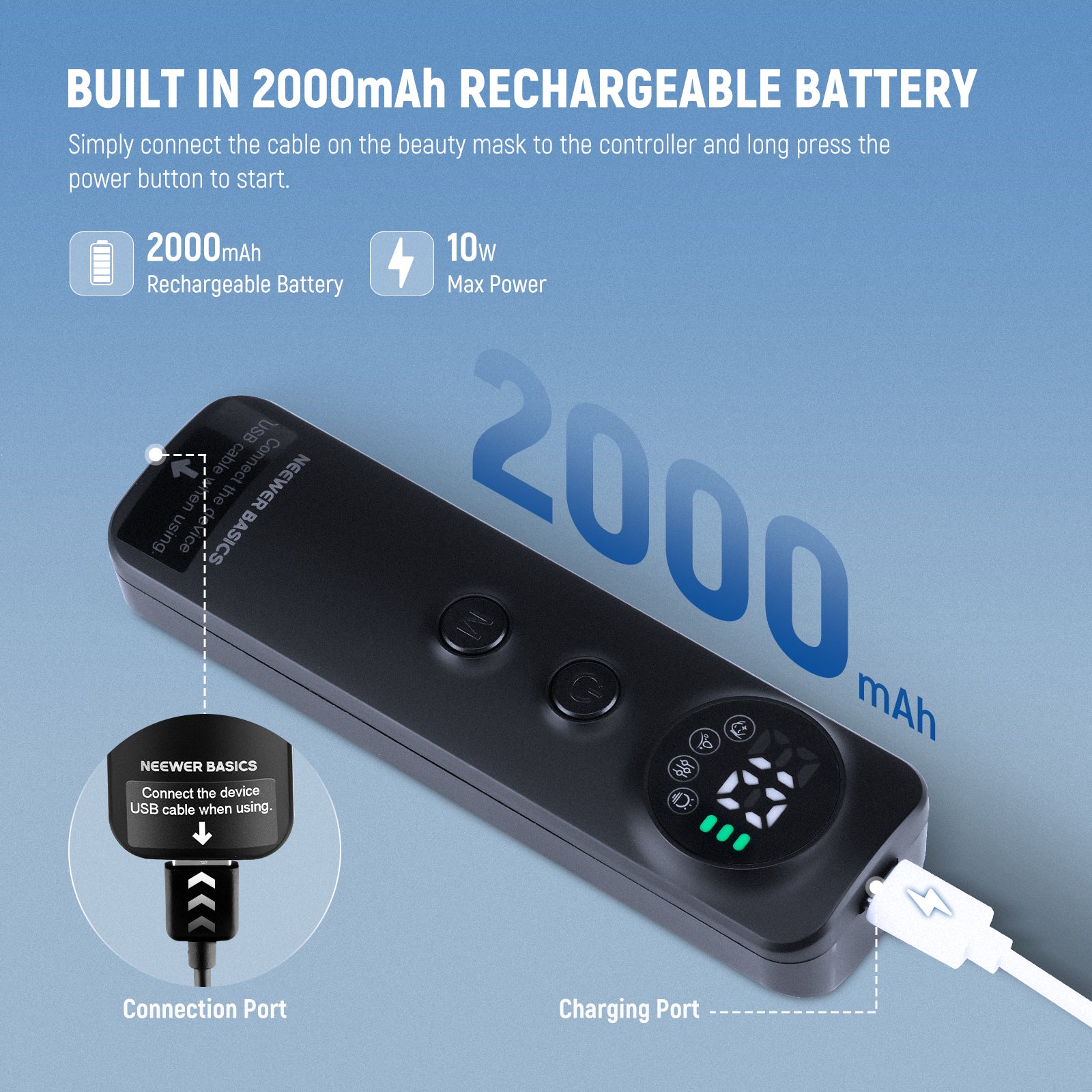 The built in 2000mAh rechargeable lithium battery offers extended lighting usage time