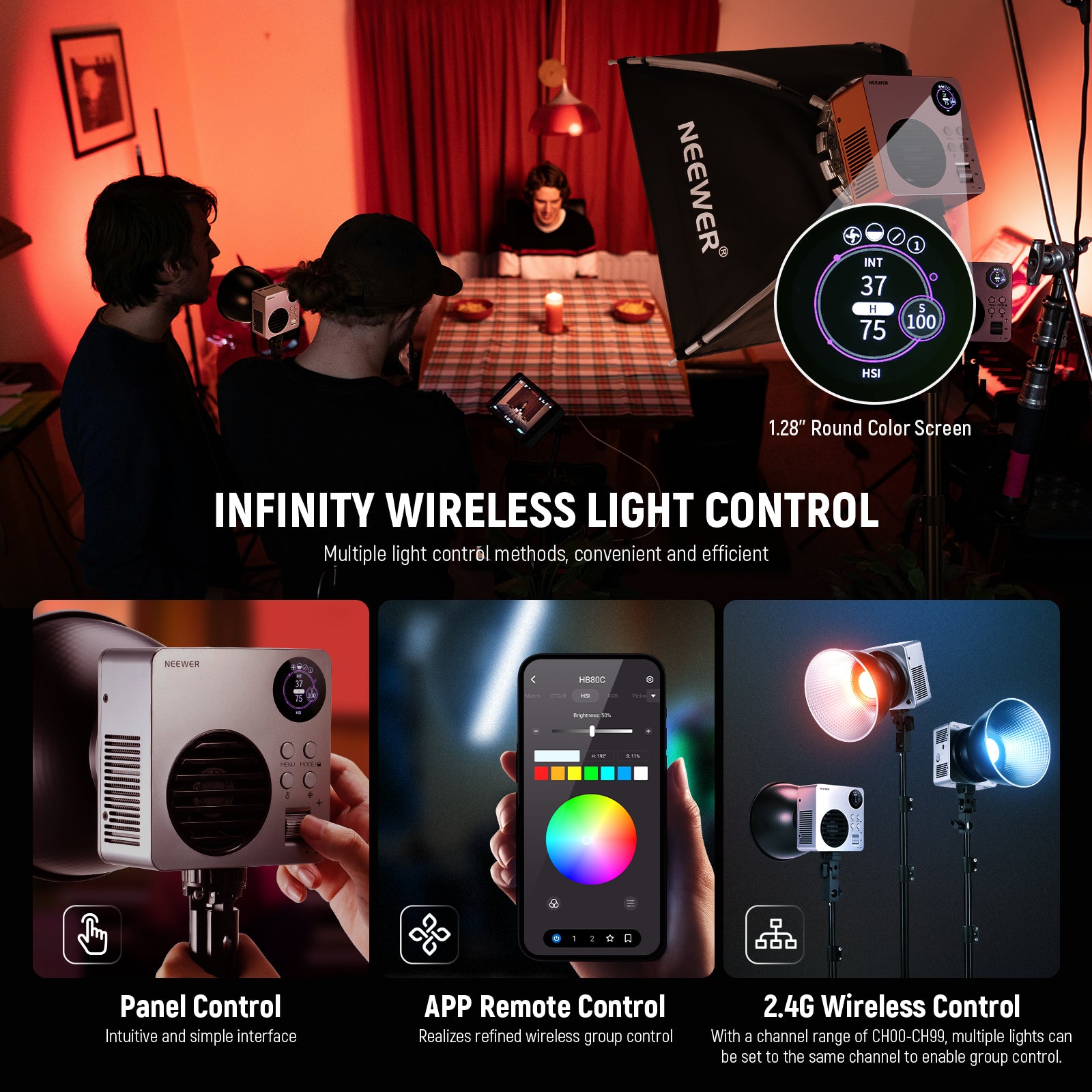 The built in NEEWER Infinity technology supports both app control and 2.4G wireless communication