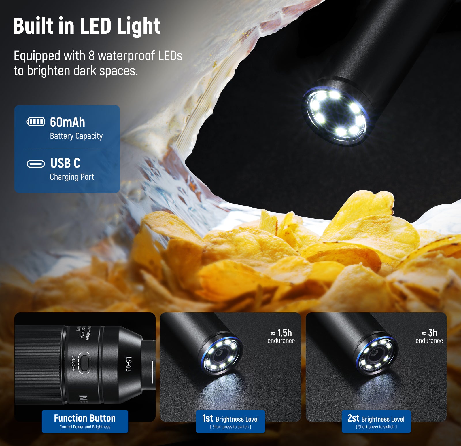 NEEWER LS-63 4X Macro Probe Lens is equipped with 8 waterproof LEDs.