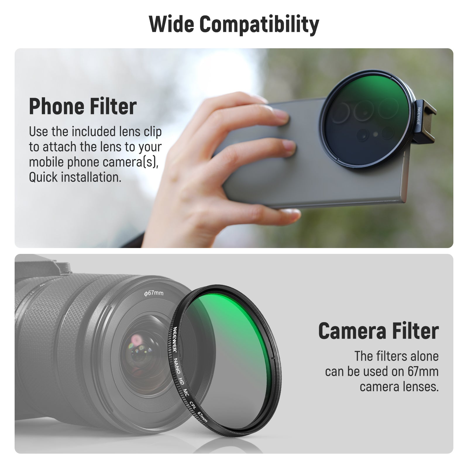 Wide Compatibility of the NEEWER FL-41 67mm CPL Filter for Cell Phone Camera Lens