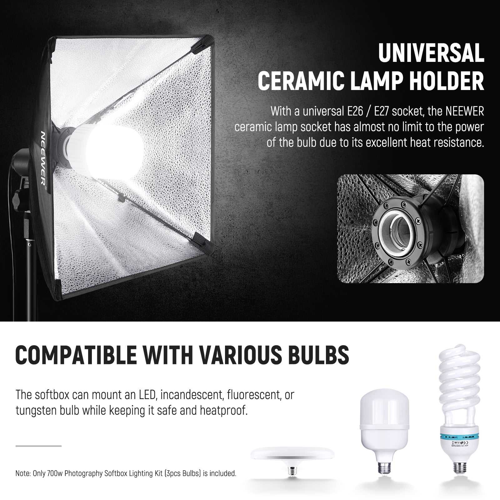 The softbox can mount an LED, incandescent, fluorescent, or tungsten bulb while keeping it safe and heatproof.