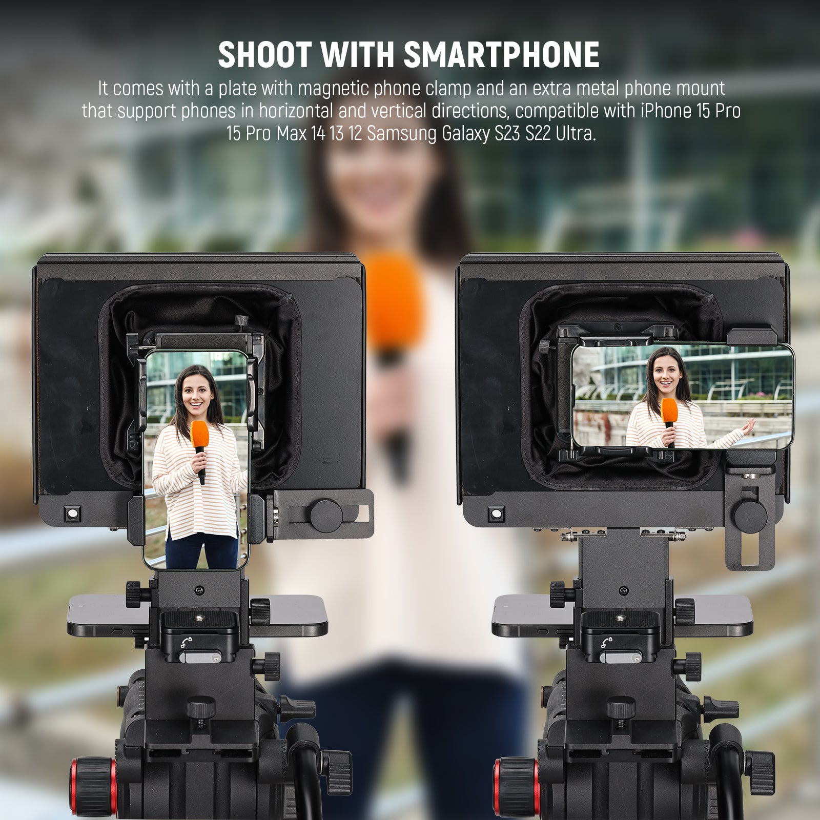 NEEWER X1 Pro II Camera Teleprompter comes with a plate with magnetic phone clamp and an extra metal phone mount.