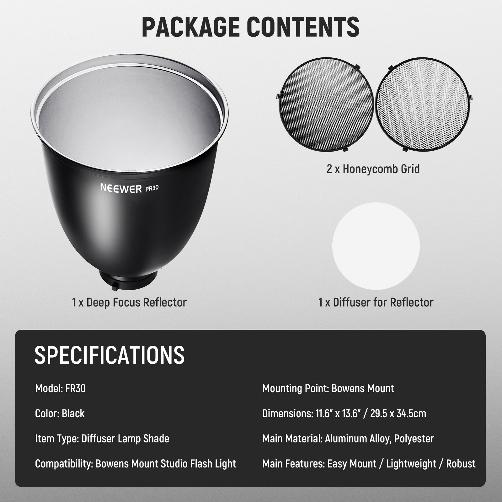 Package Contents of the NEEWER FR30 11.6"/29.5cm Deep Focus Reflector