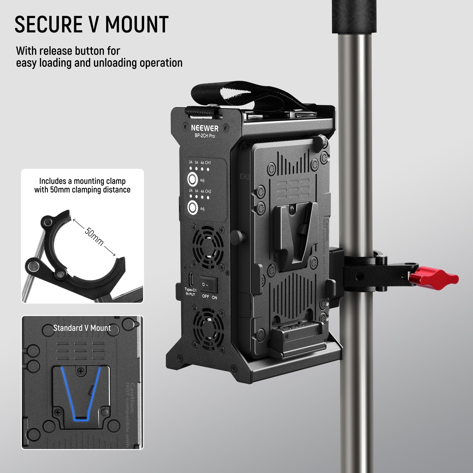 The V mount charger kit includes a super clamp