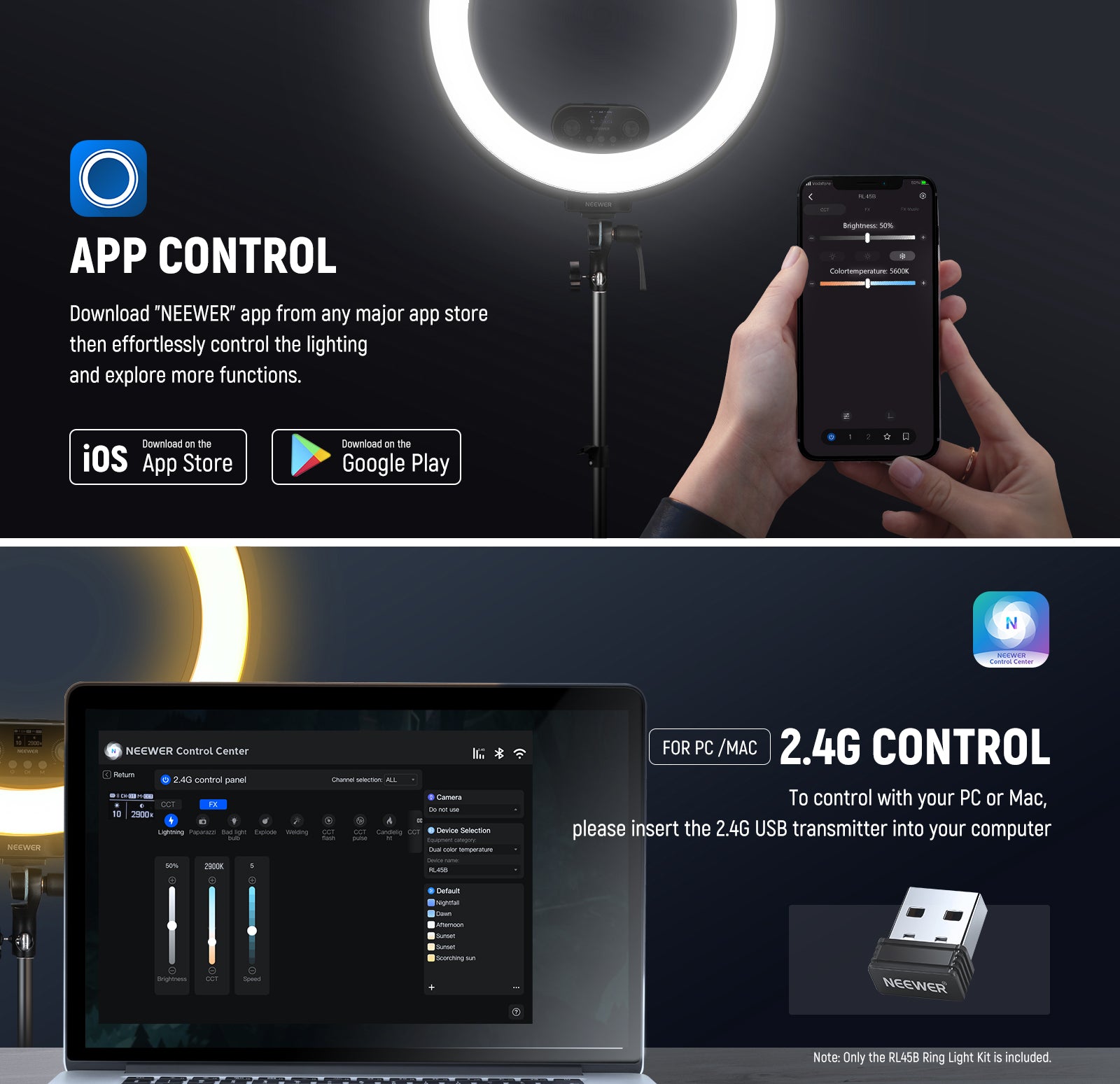 NEEWER RL45B 45W 18" Slim Edge Lit Ring Light Kit can be controlled by the NEEWER APP.