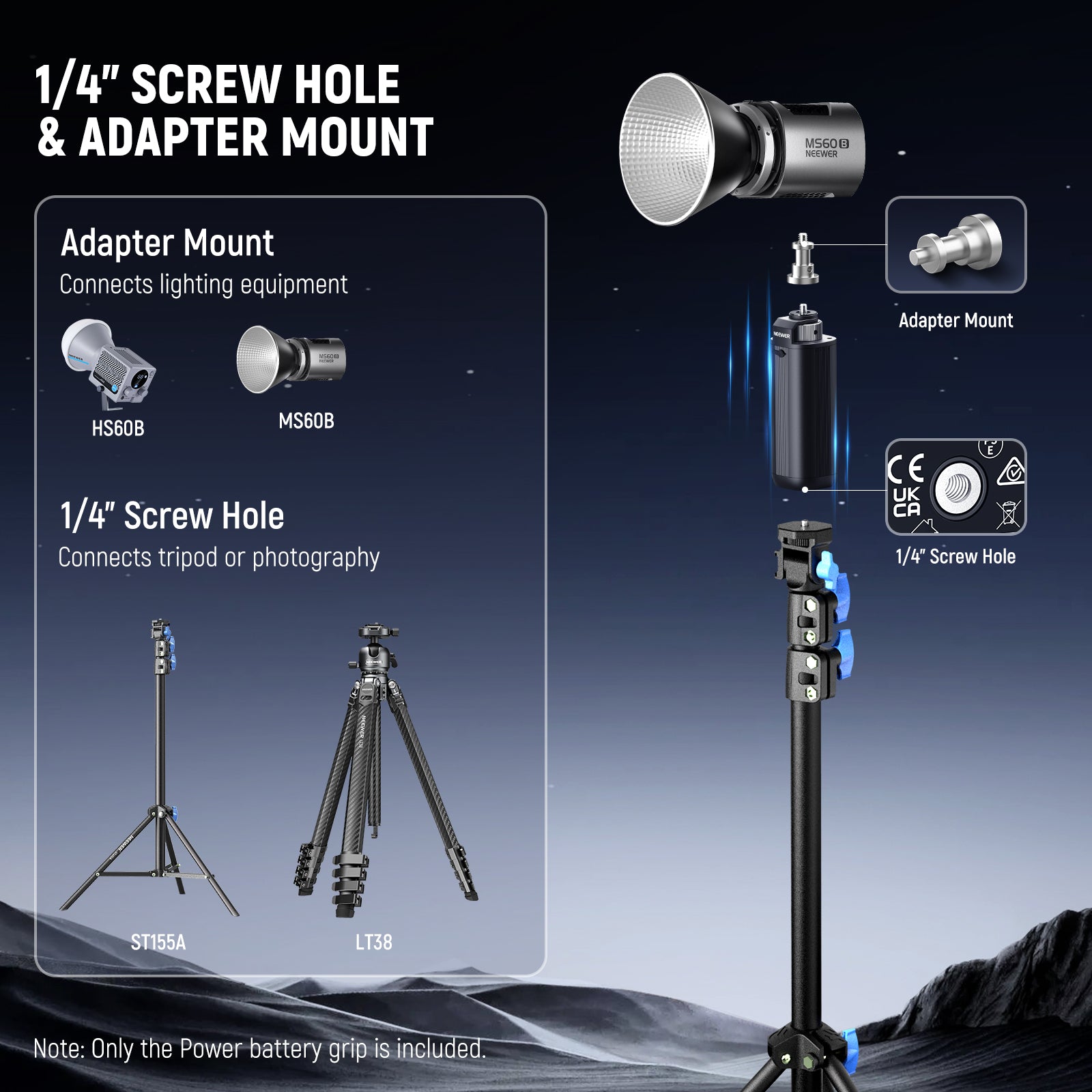 NEEWER PH74E Battery Grip Power includes a 1/4" mounting head