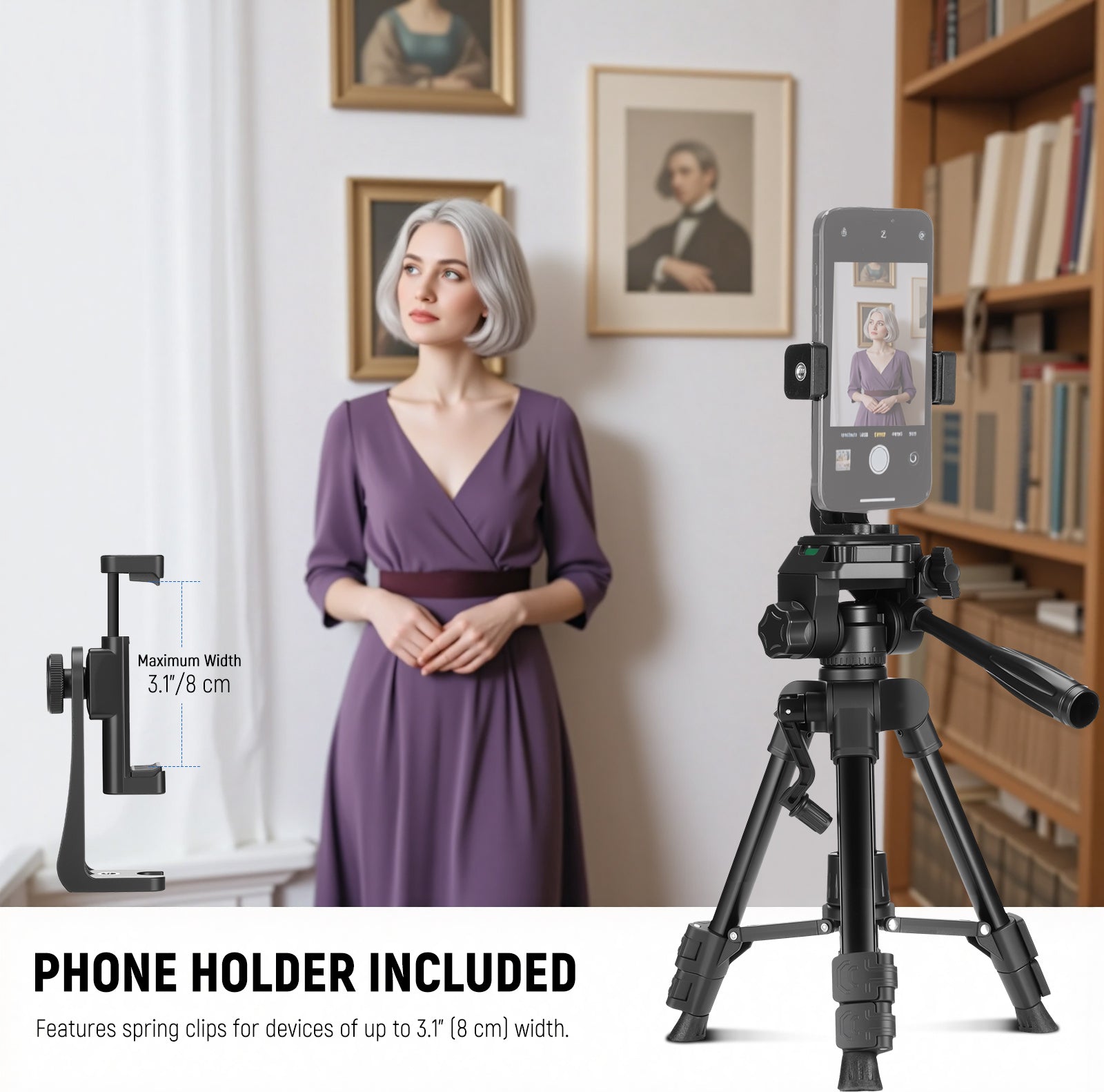 NEEWER TP52 Mini Desk Tripod Kit includes a phone holder.