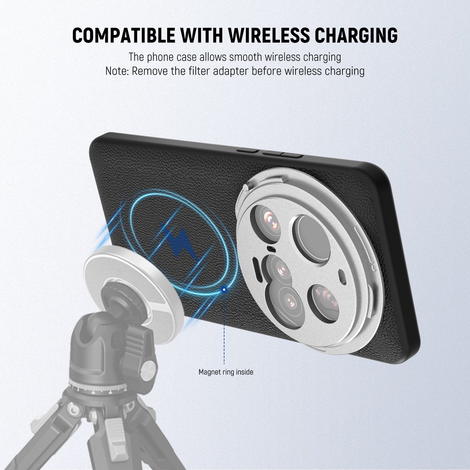 The phone case as stabilizer holder allows smooth wireless charging