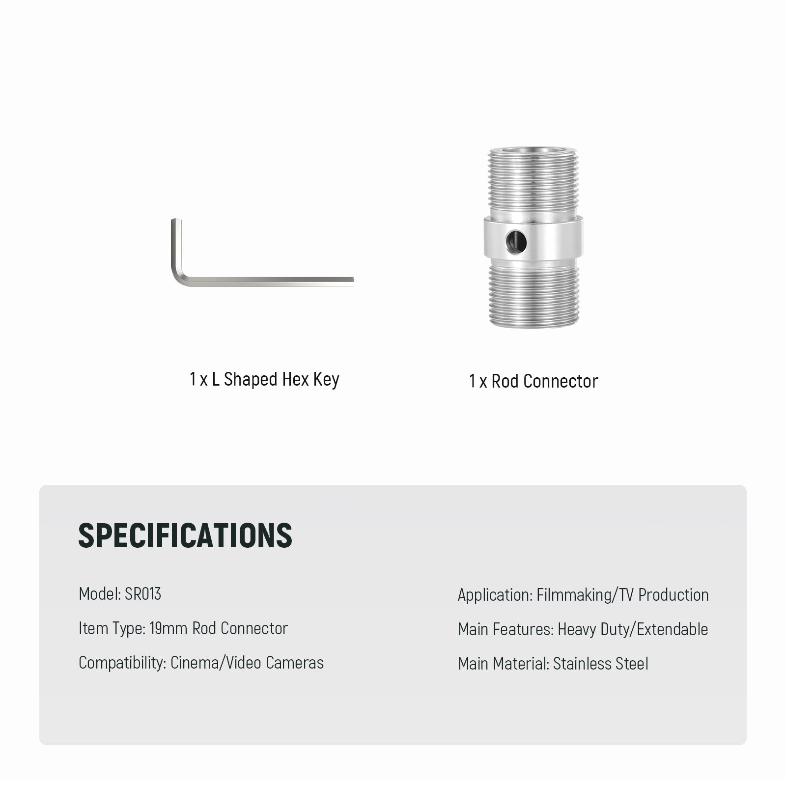Specifications of the NEEWER SR013 Stainless Steel Rod Connector for 19mm Support Rod