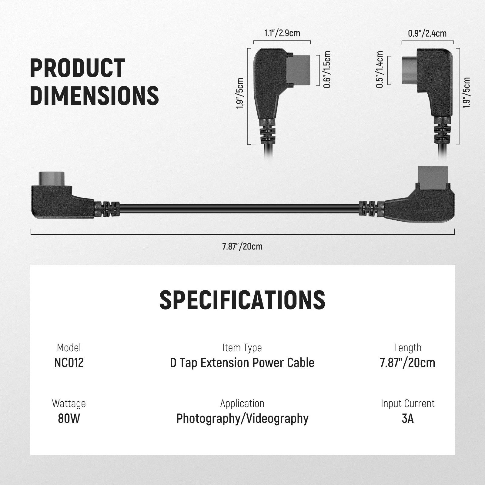 Specifications of the NEEWER NC012 D Tap Male to D Tap Female Extension Power Cable
