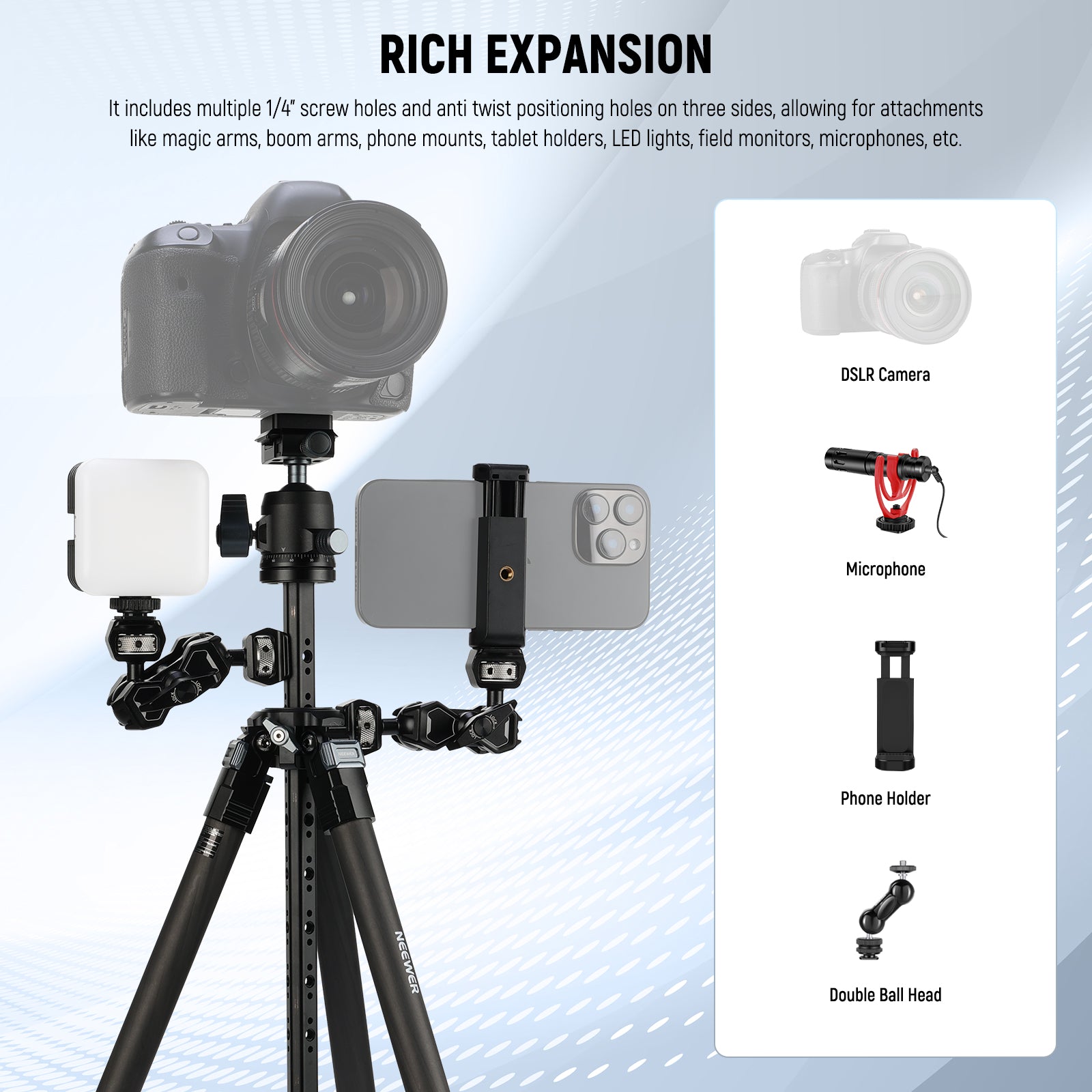 NEEWER LT36 Carbon Fiber Tripod includes multiple 1/4" screw holes and anti twist positioning holes on three sides