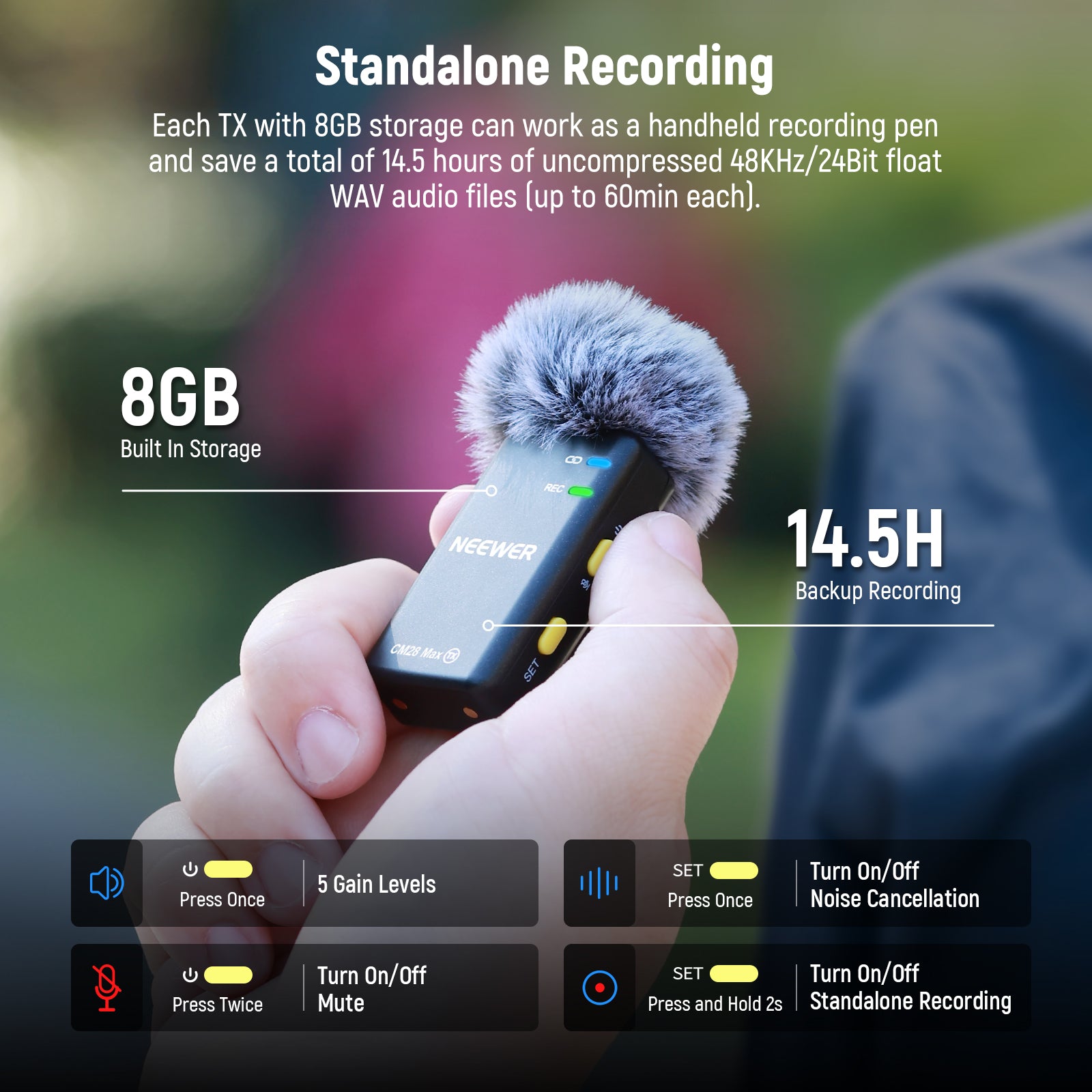 Each TX with 8GB storage can work as a handheld recording pen