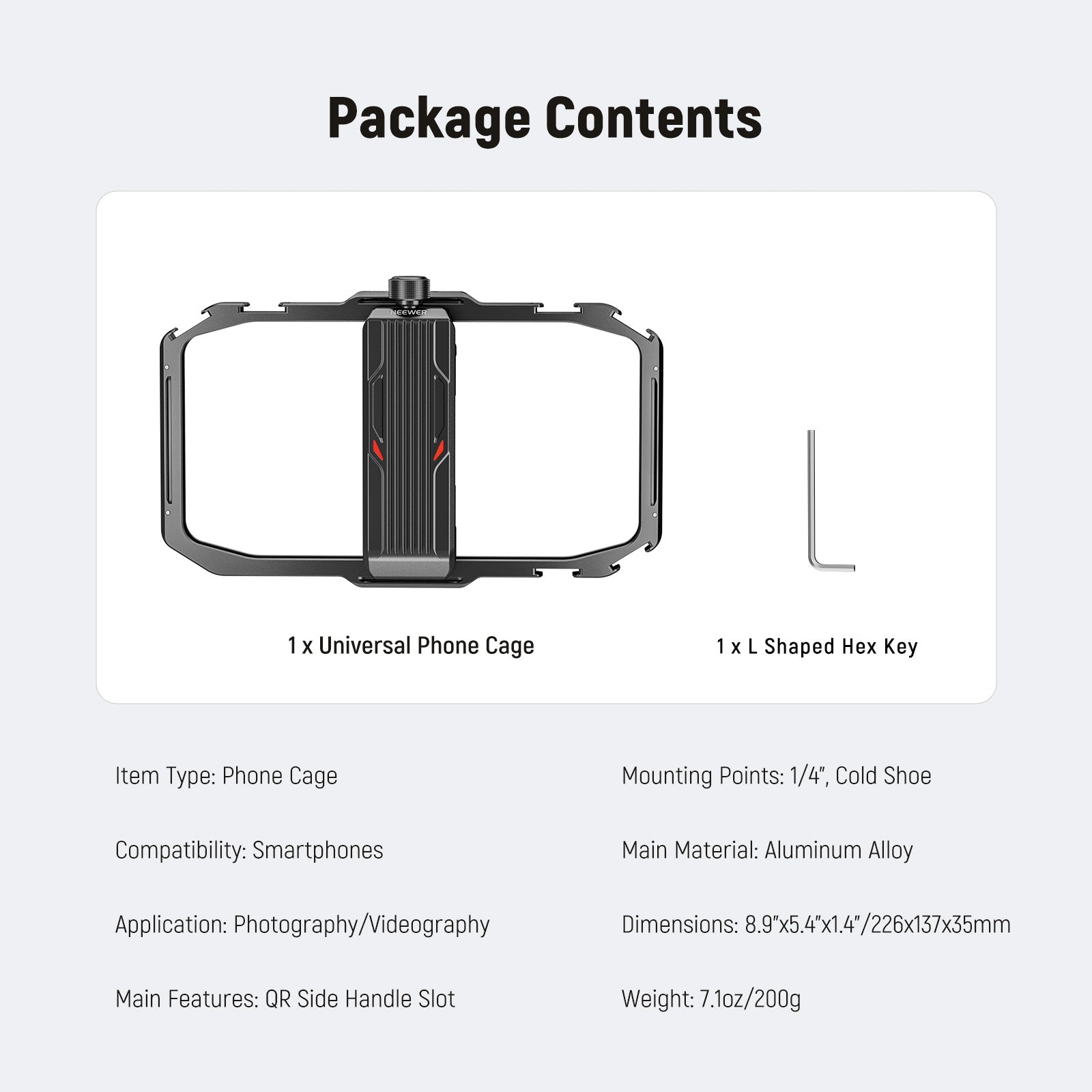 Package Contents of the NEEWER PA039 Universal Phone Cage Rig