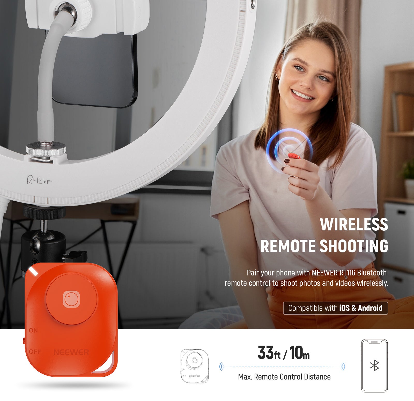 NEEWER RH12B Pro LED Ring Light can be controlled by bluetooth remote.