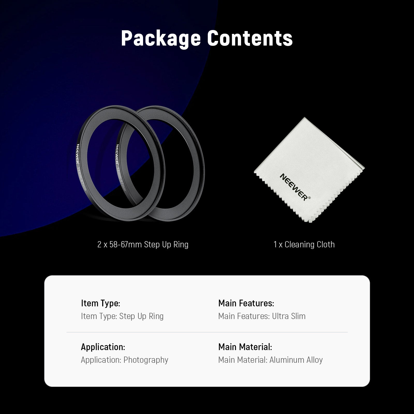 Package Contents of the NEEWER 2-Pack Ultra Slim Aluminum Alloy Step Up Ring
