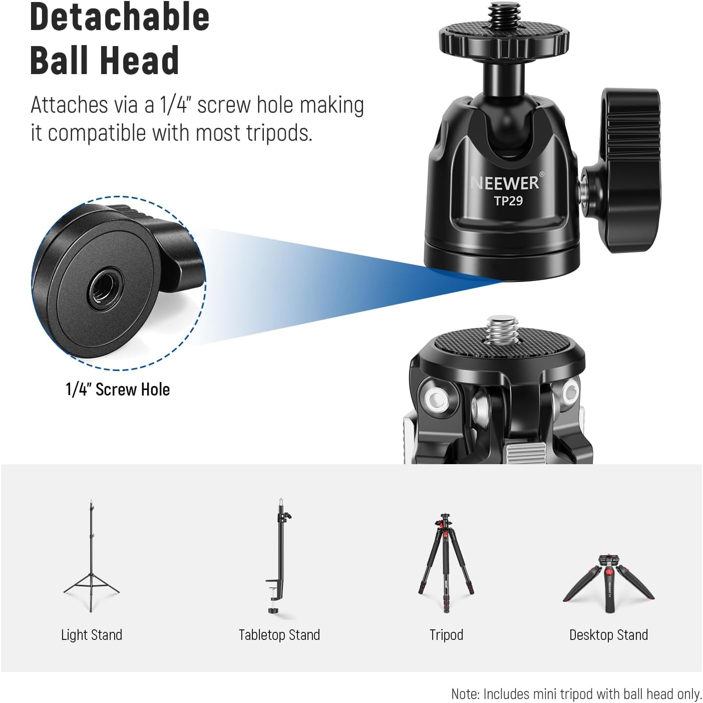 NEEWER TP29 Metal Tabletop Mini Tripod features a detachable ball head.