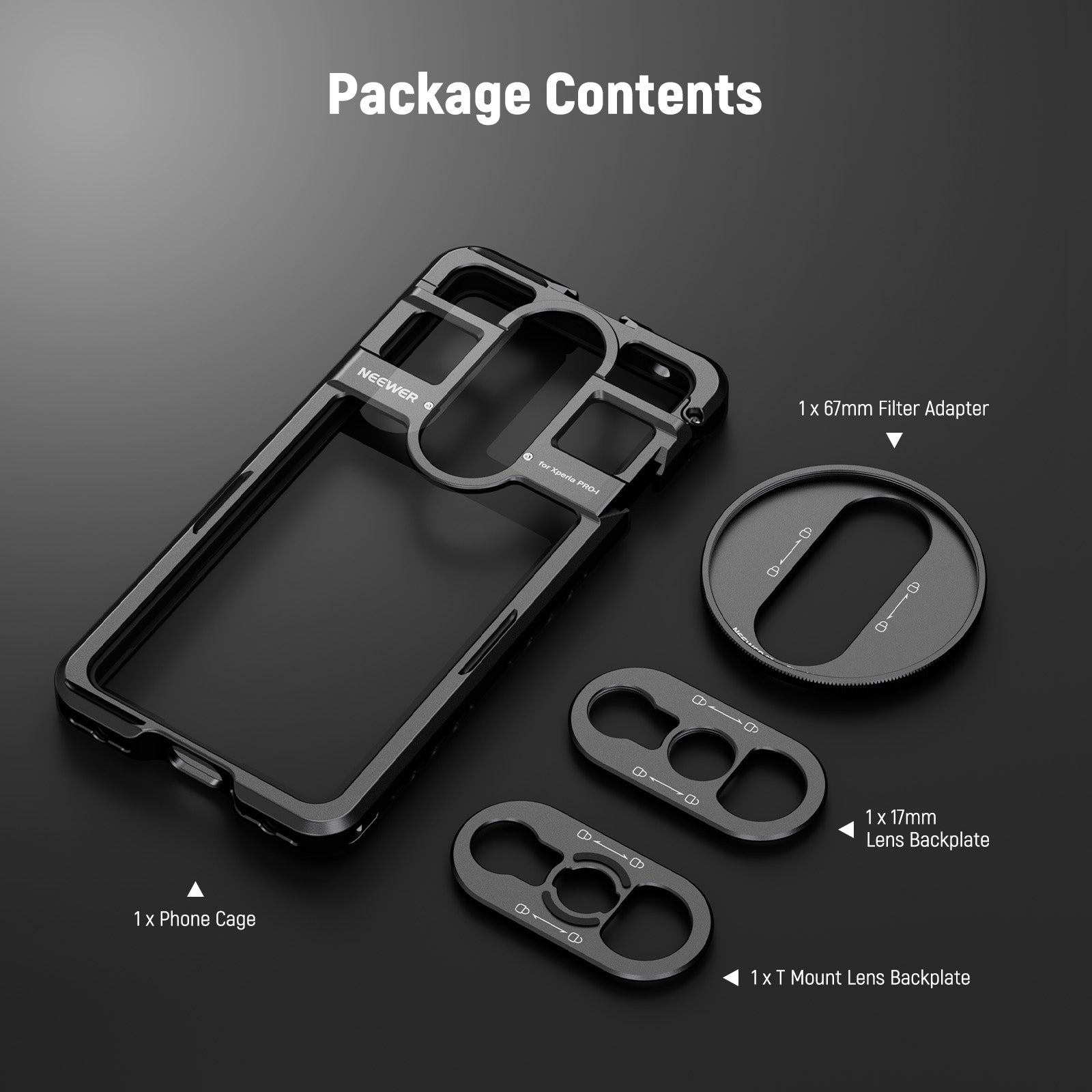 Package Contents of the NEEWER PA086 Phone Cage For Xperia PRO-I Kit