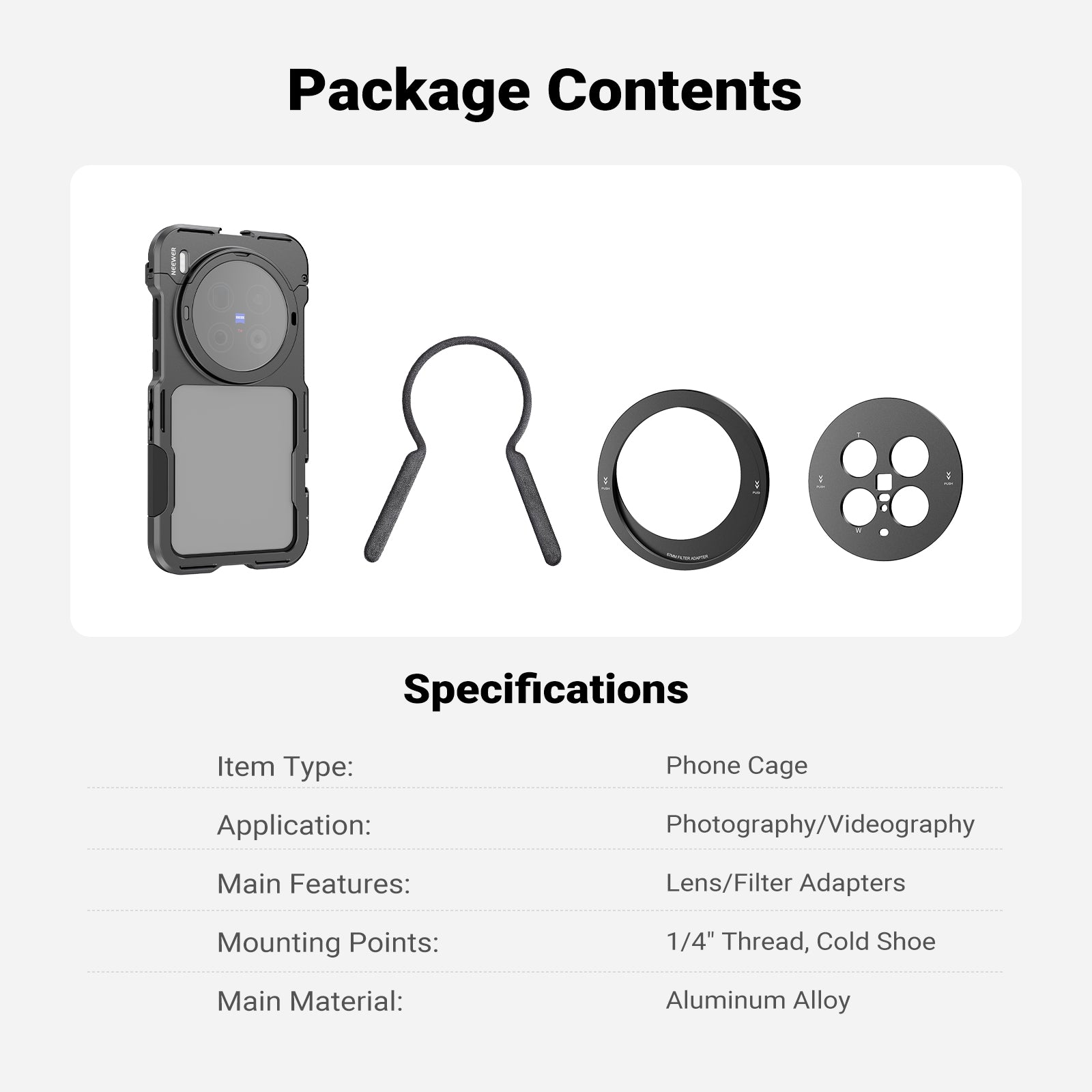 Package Contents of the NEEWER PA146 Phone Cage For VIVO X200 Ultra Kit