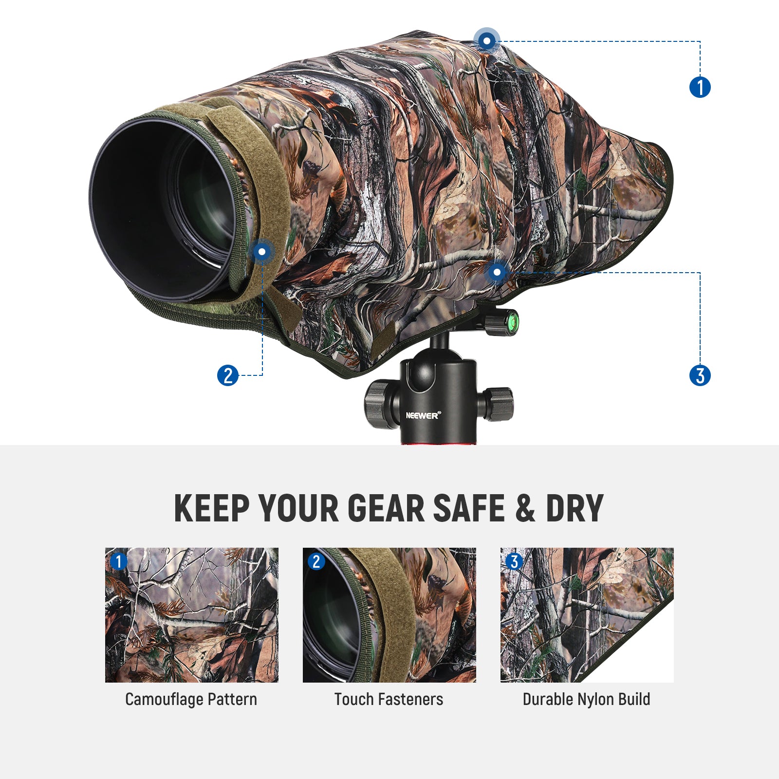 NEEWER Dual Sided Camouflage Camera Rain Cover keeps your gear safe and dry.