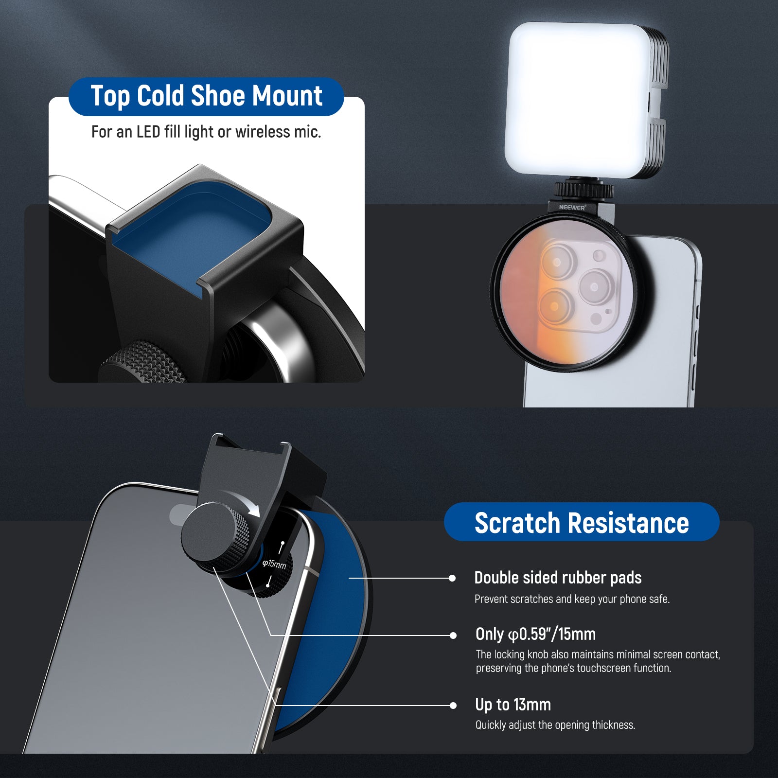 Phone lens filter clip features a top cold shoe mount.