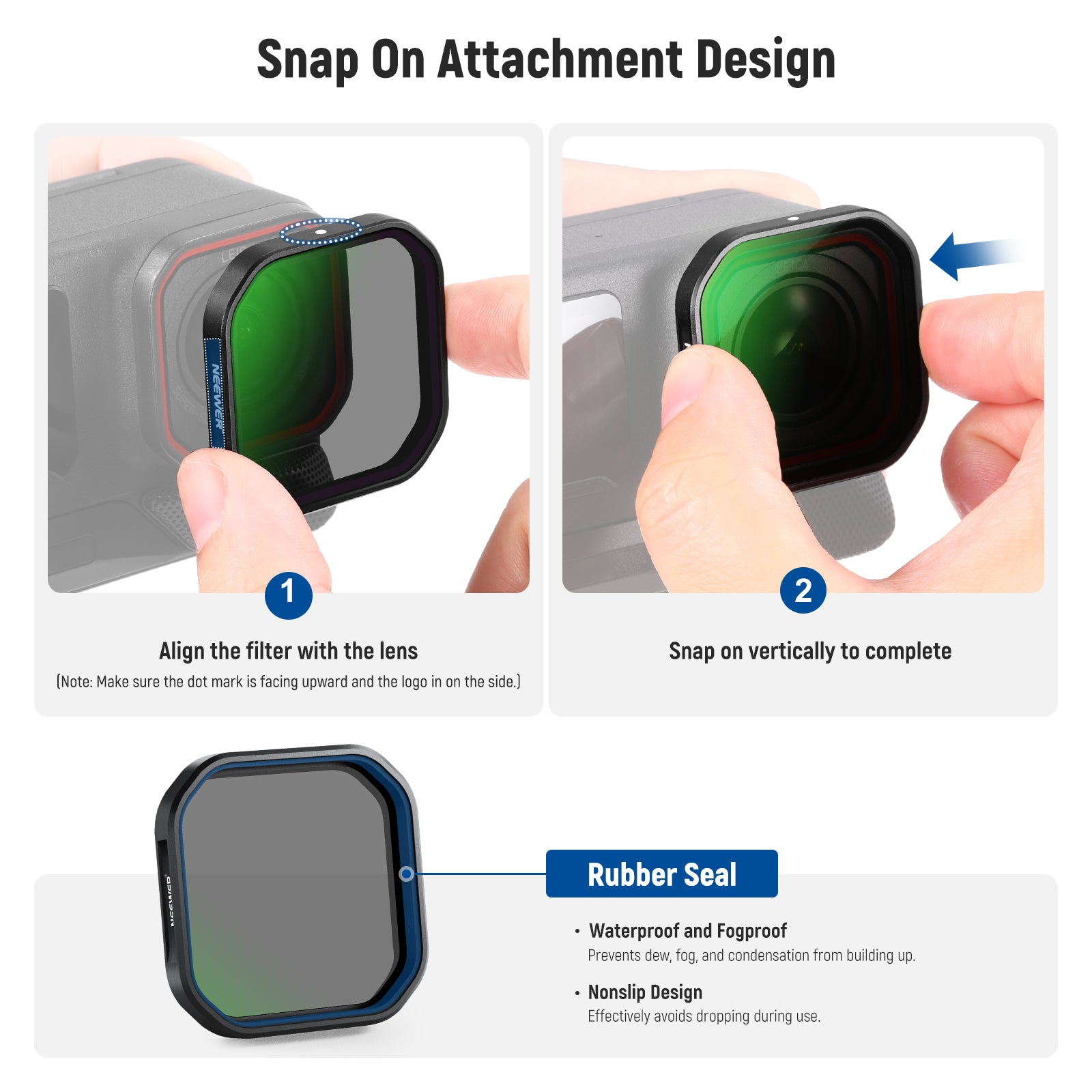 NEEWER FL-85 Filter for Insta360 ACE PRO features a snap on attachment design.