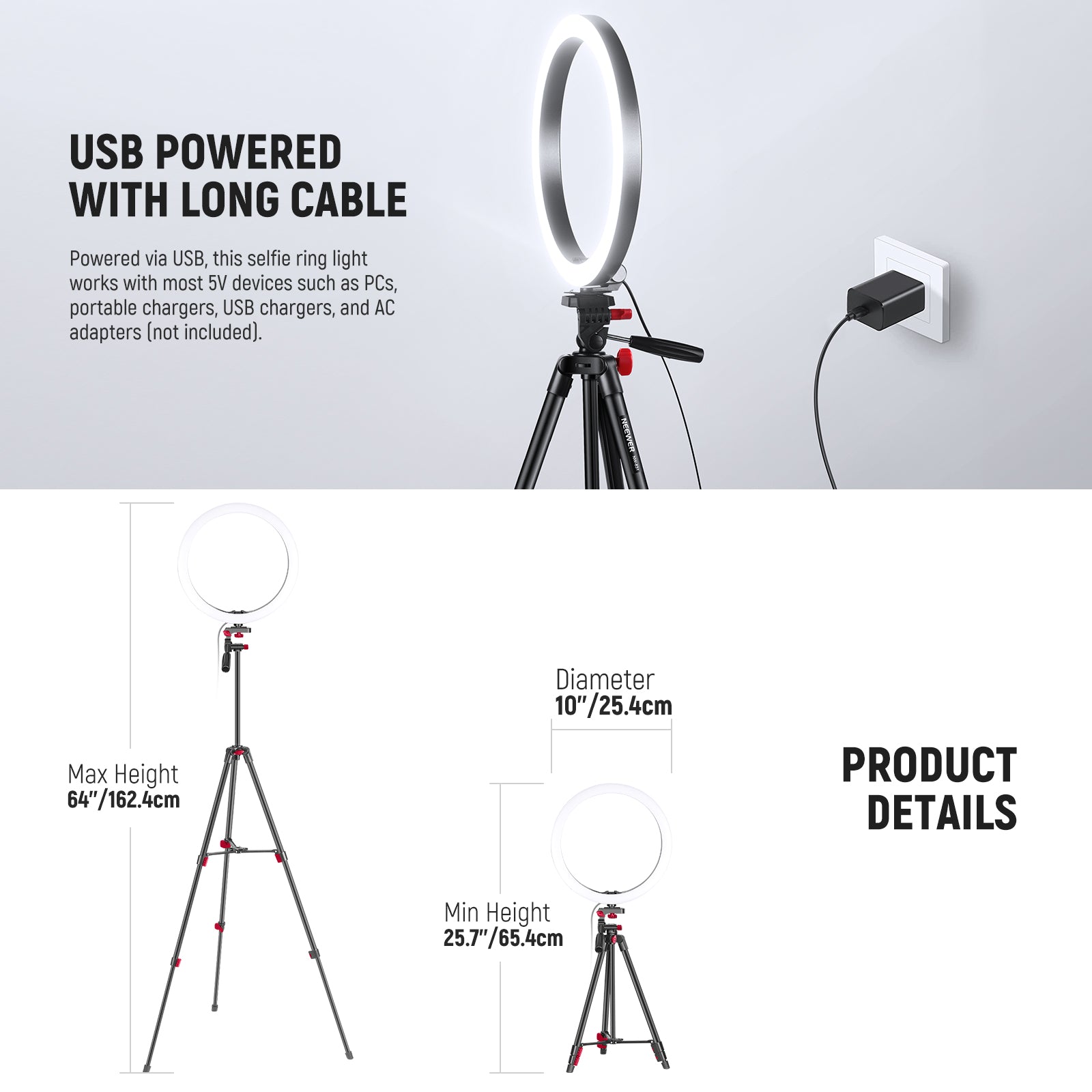 Product details of the NEEWER RP10-H Selfie Ring Light with Tripod Kit