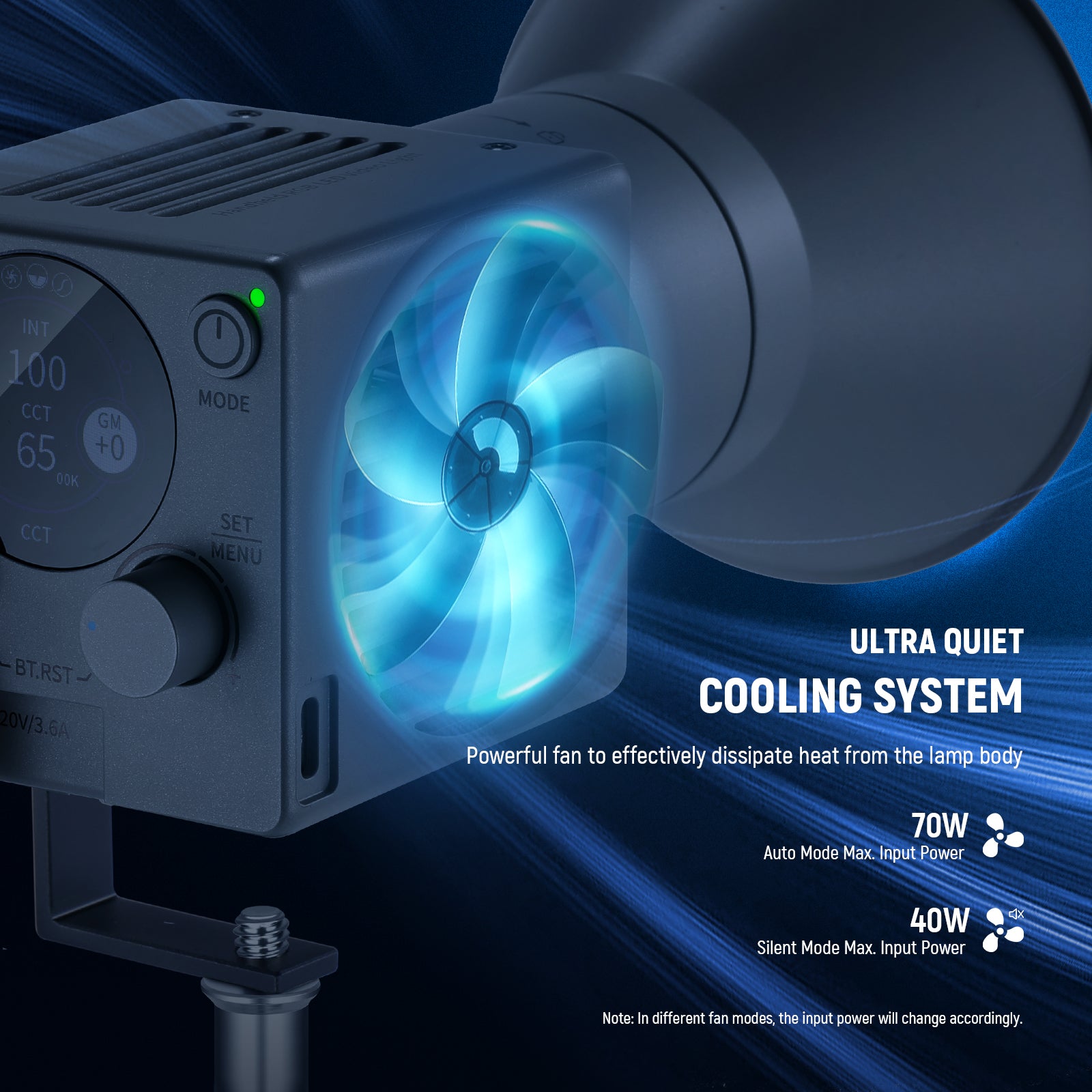 A silent fan is incorporated to effectively dissipate the heat during working