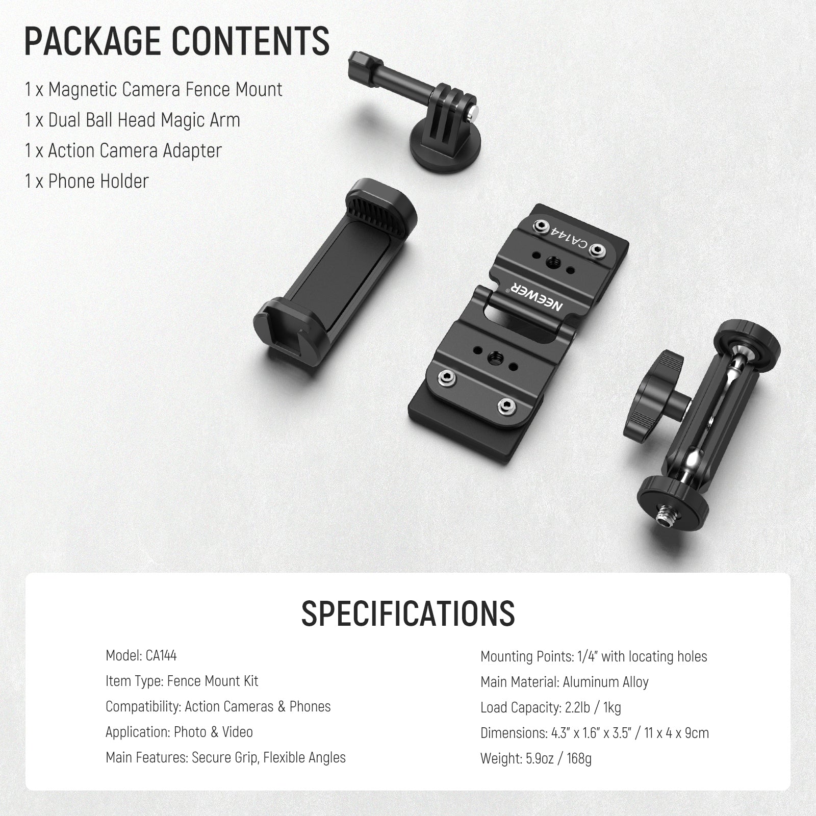 Package Contents of the NEEWER CA144 Magnetic Fence Mount Kit for Action Camera