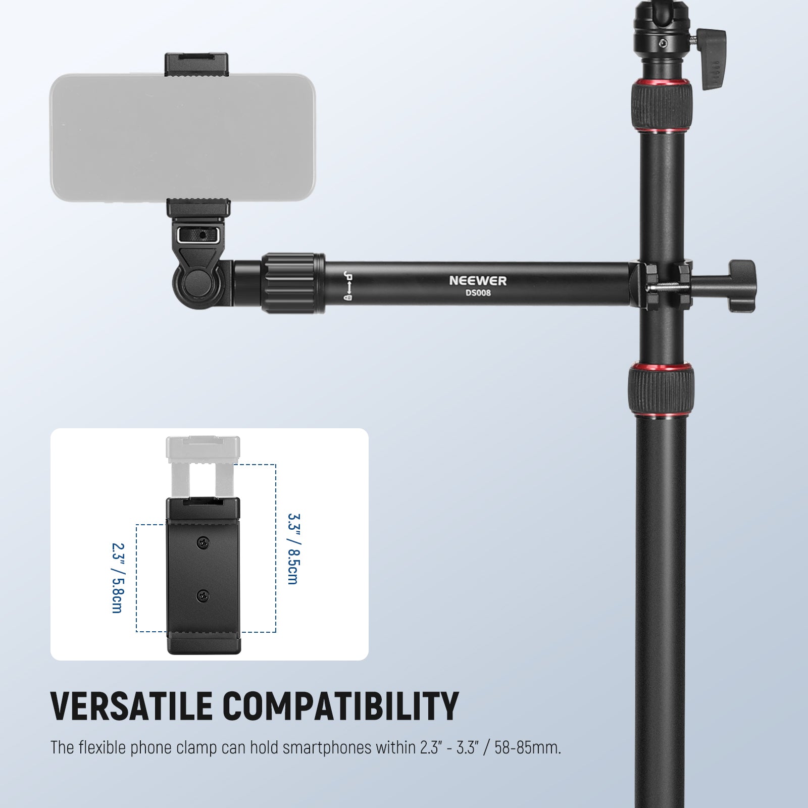 The desk camera mount arm includes a phone clip to hold smartphones within 2.3"-3.3"