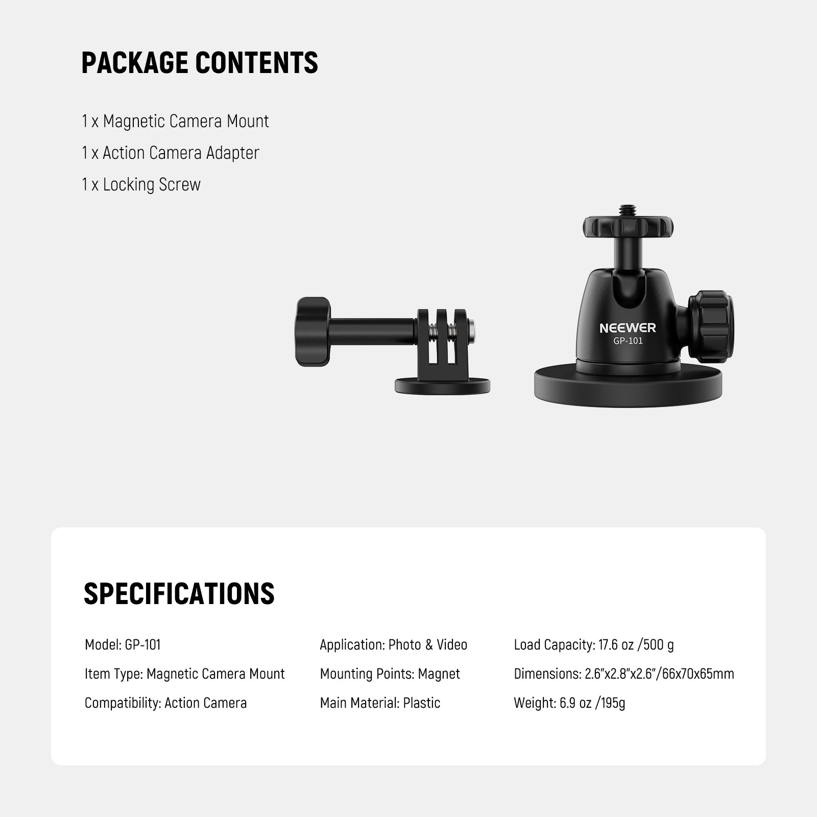 Package Contents of the NEEWER GP-101 Magnetic Camera Mount for Action Camera