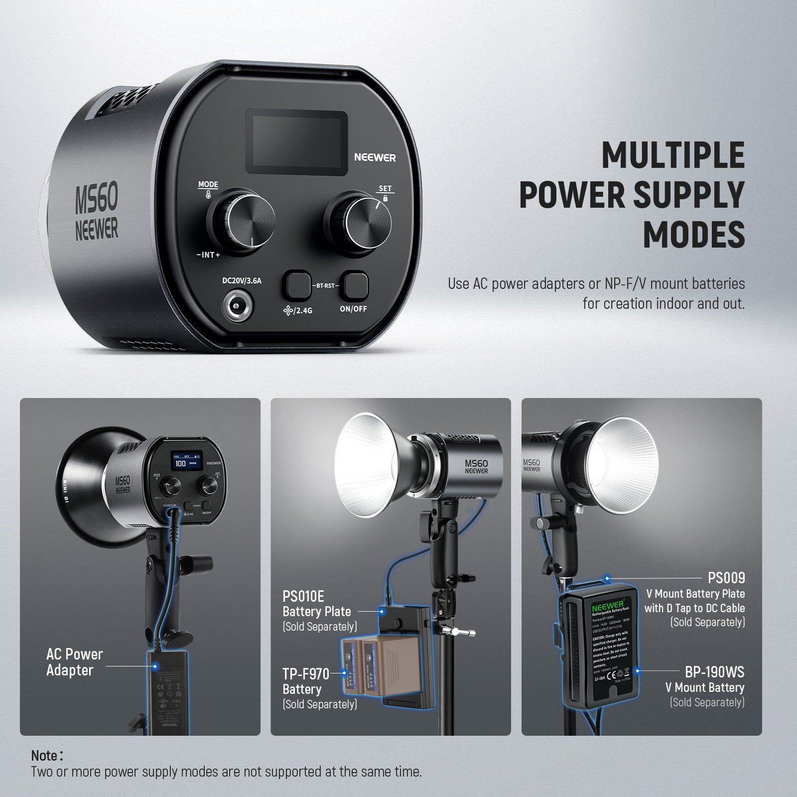 NEEWER MS60 Mini Light supports multiple power supply modes.