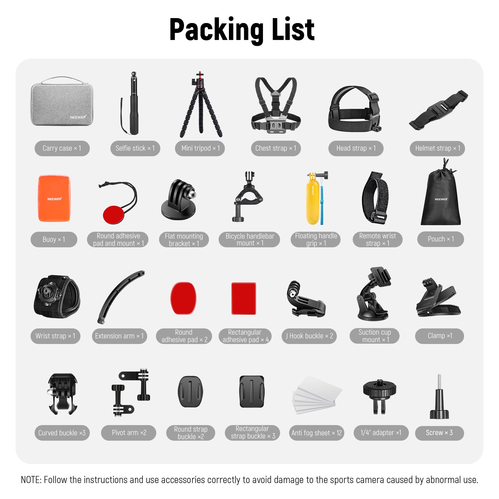 Package Contents of the NEEWER 50 in 1 Action Camera Accessory Kit