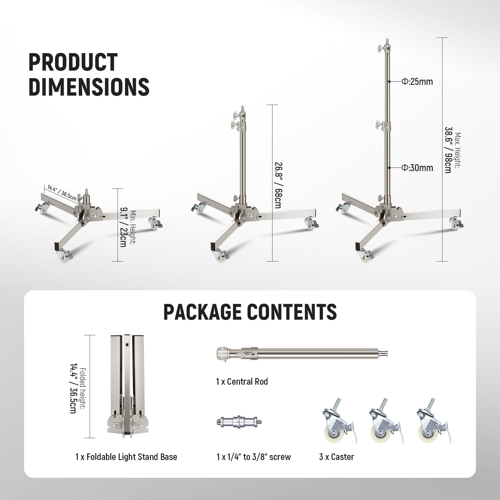Product dimensions of the NEEWER ST98SS Heavy Duty Light Stand