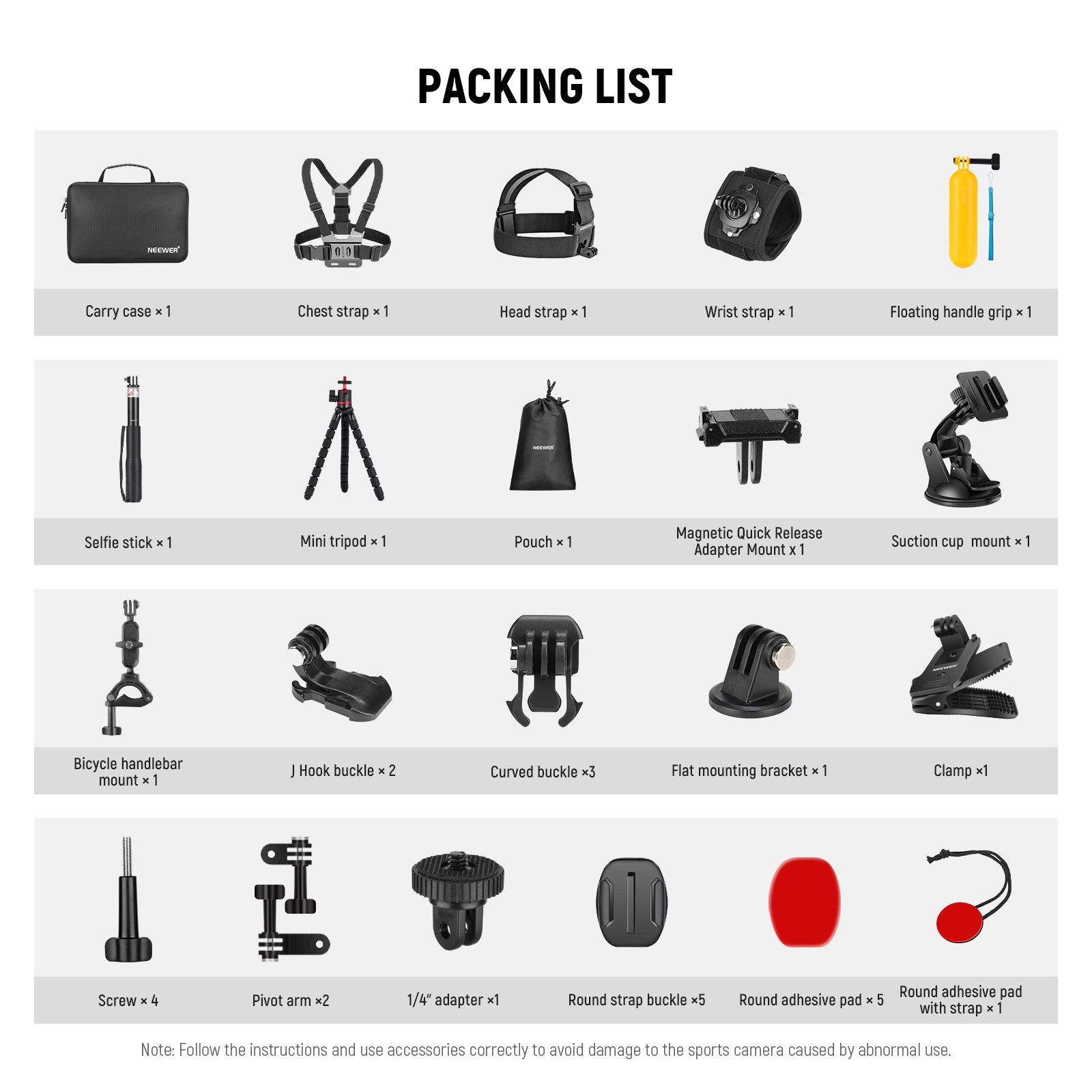 Package List of the NEEWER GP-51 35 in 1 Action Camera Accessories