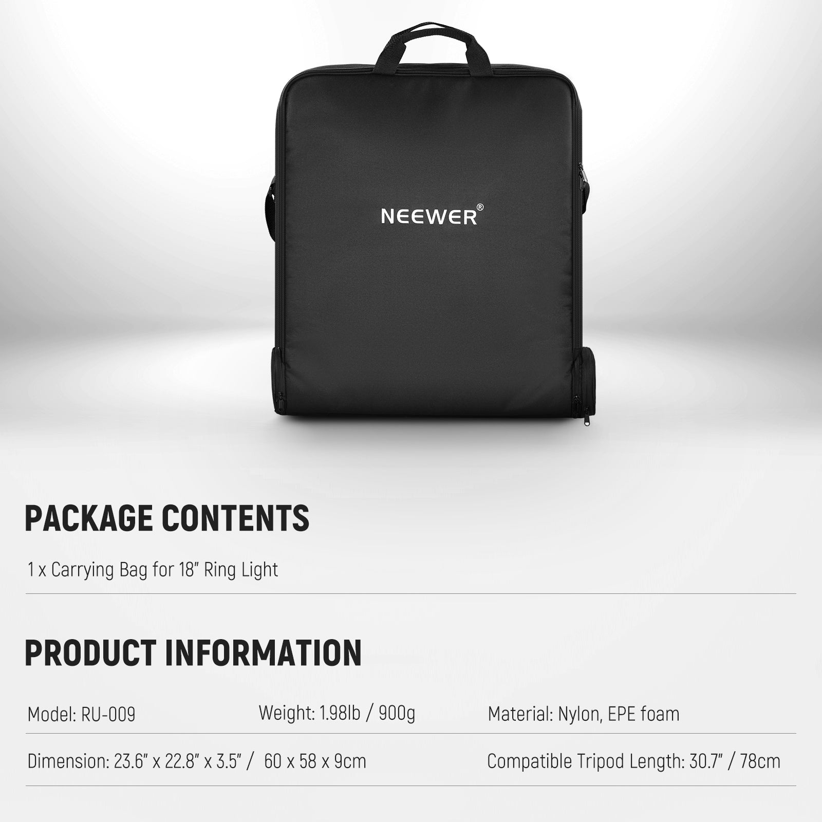 Specifications of the NEEWER RU-009 Ring Light Carrying Bag