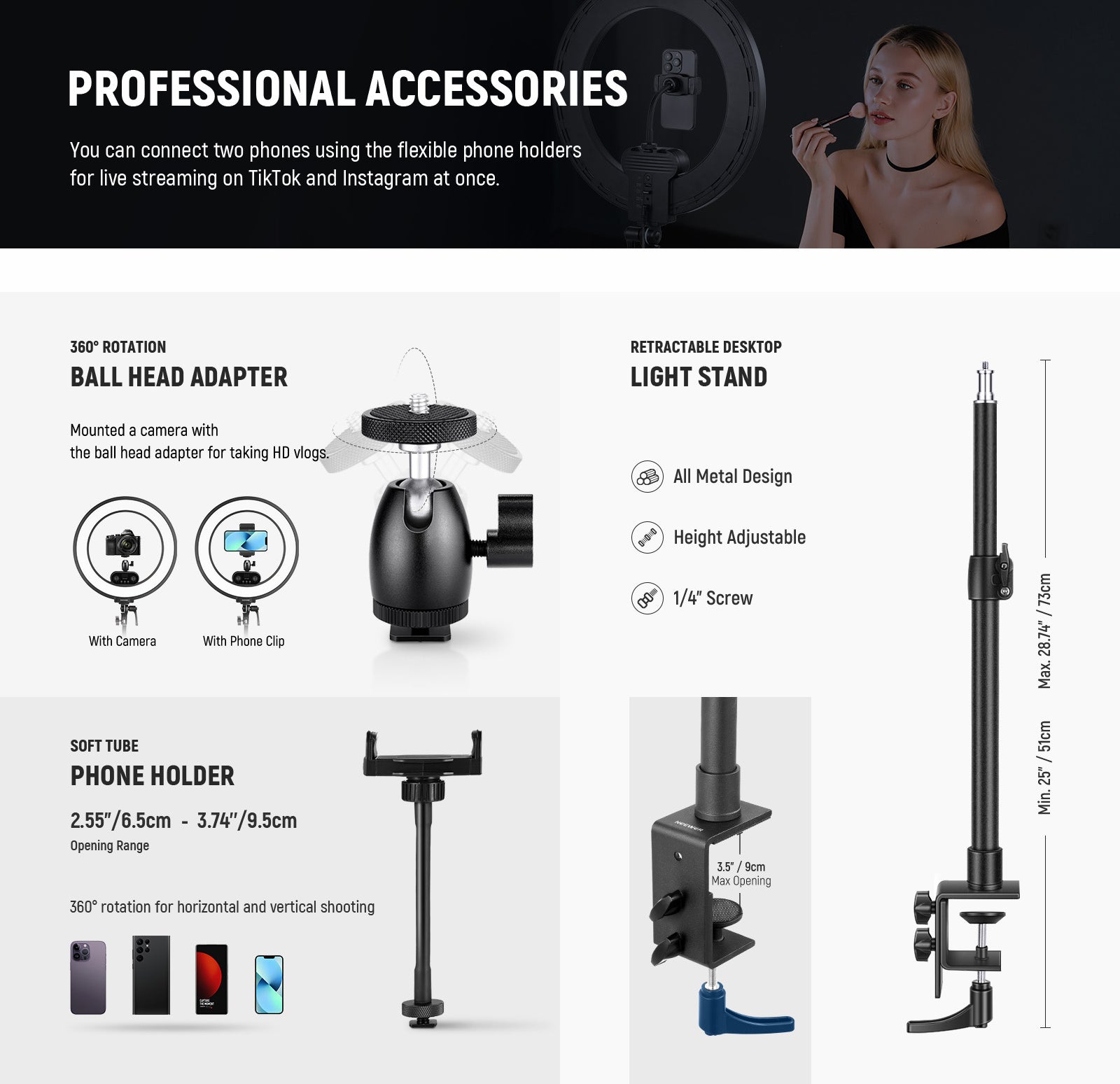 Accessories of the NEEWER RL45B Ring Light Kit