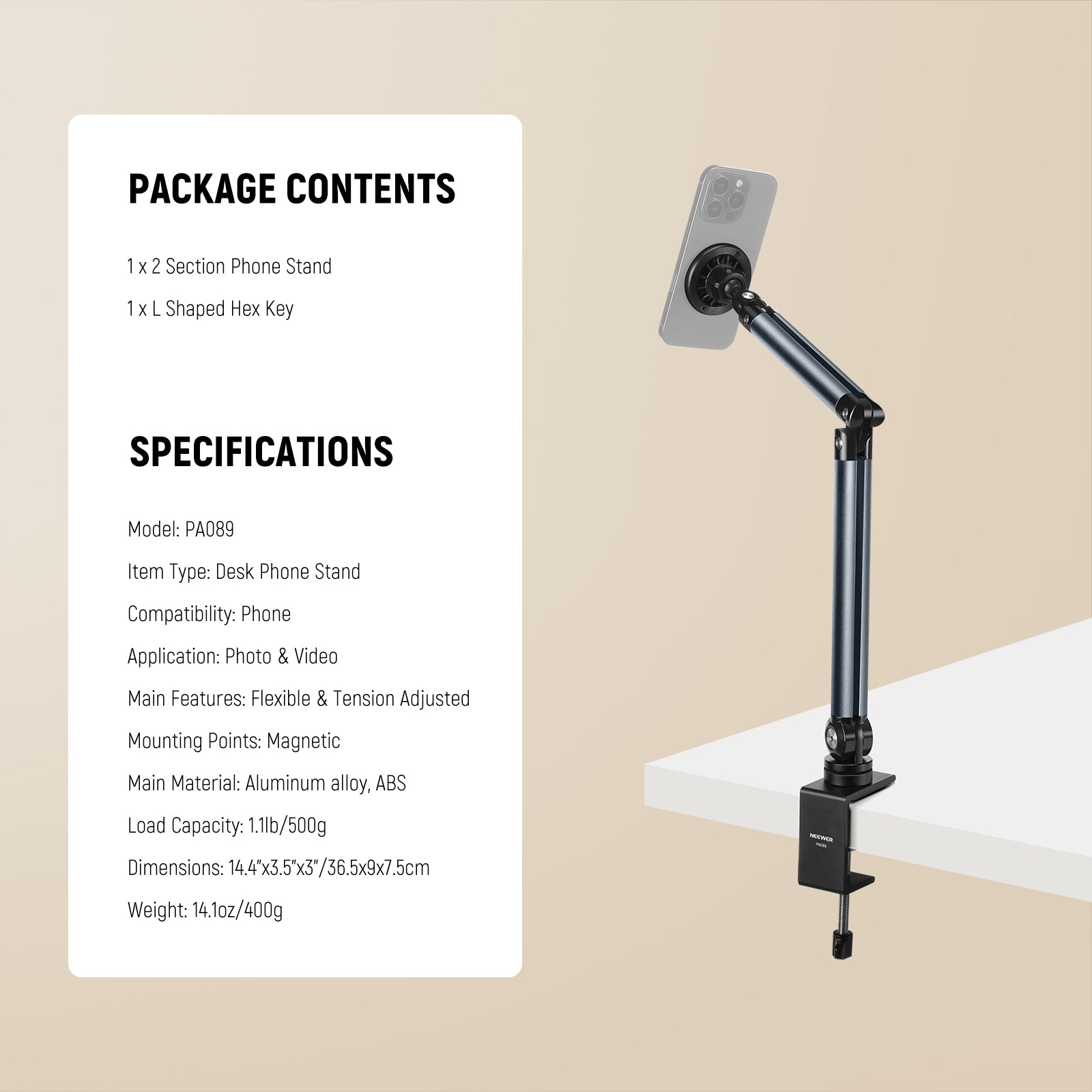 Specifications of the NEEWER PA089 Magnetic Desk Phone Stand