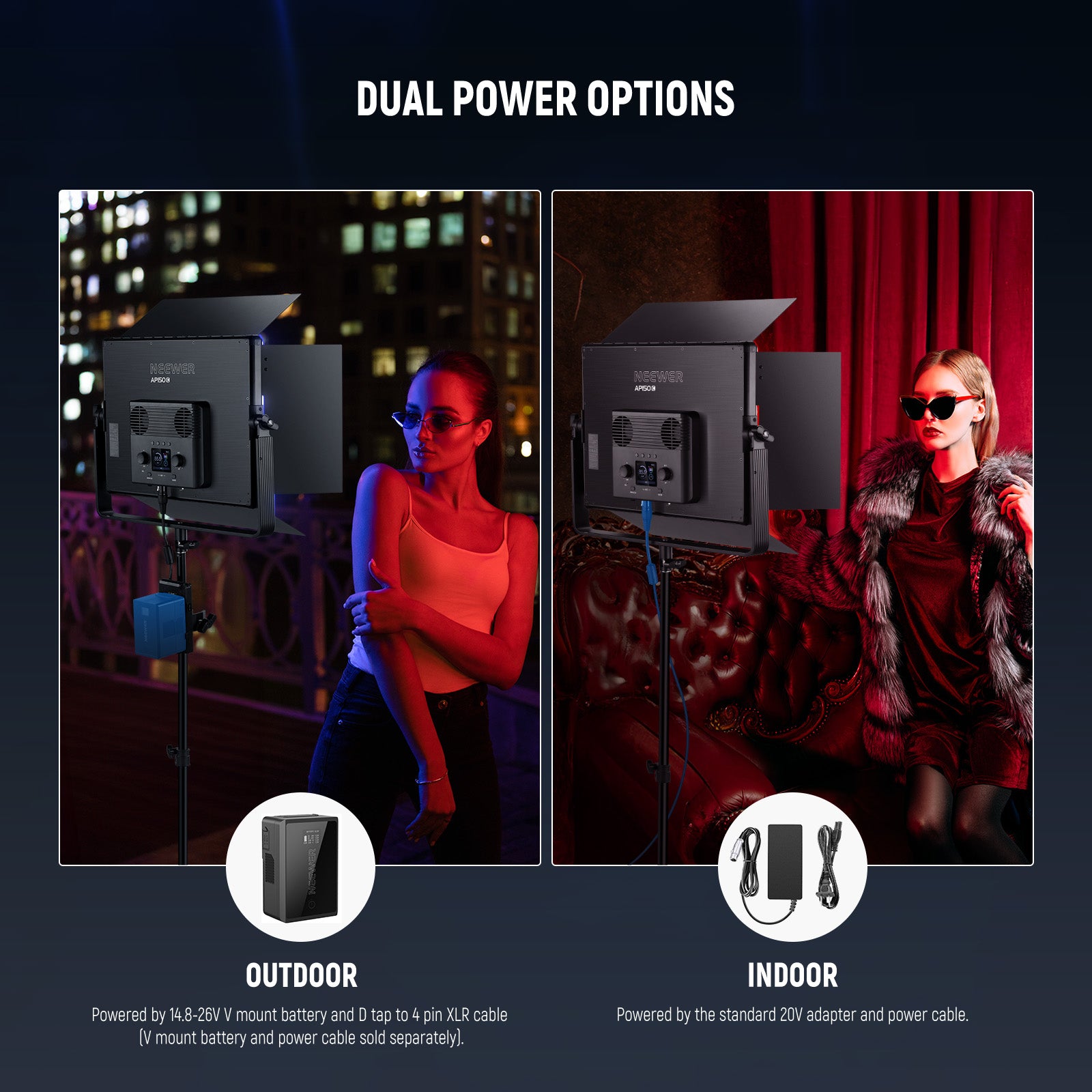 NEEWER AP150C 150W RGB Video Light offers dual power options.