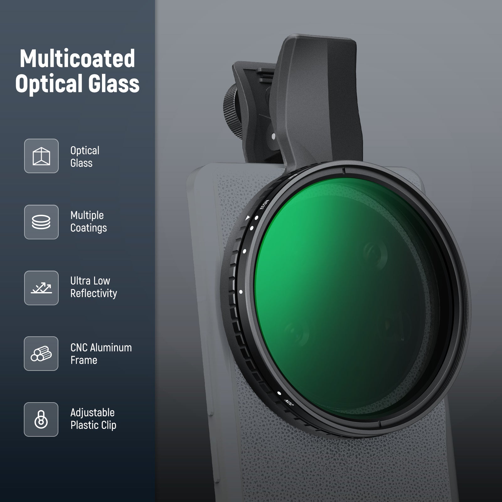 NEEWER FL-B25 Variable ND2-32 Phone Filter For Android features multicoated optical glass.