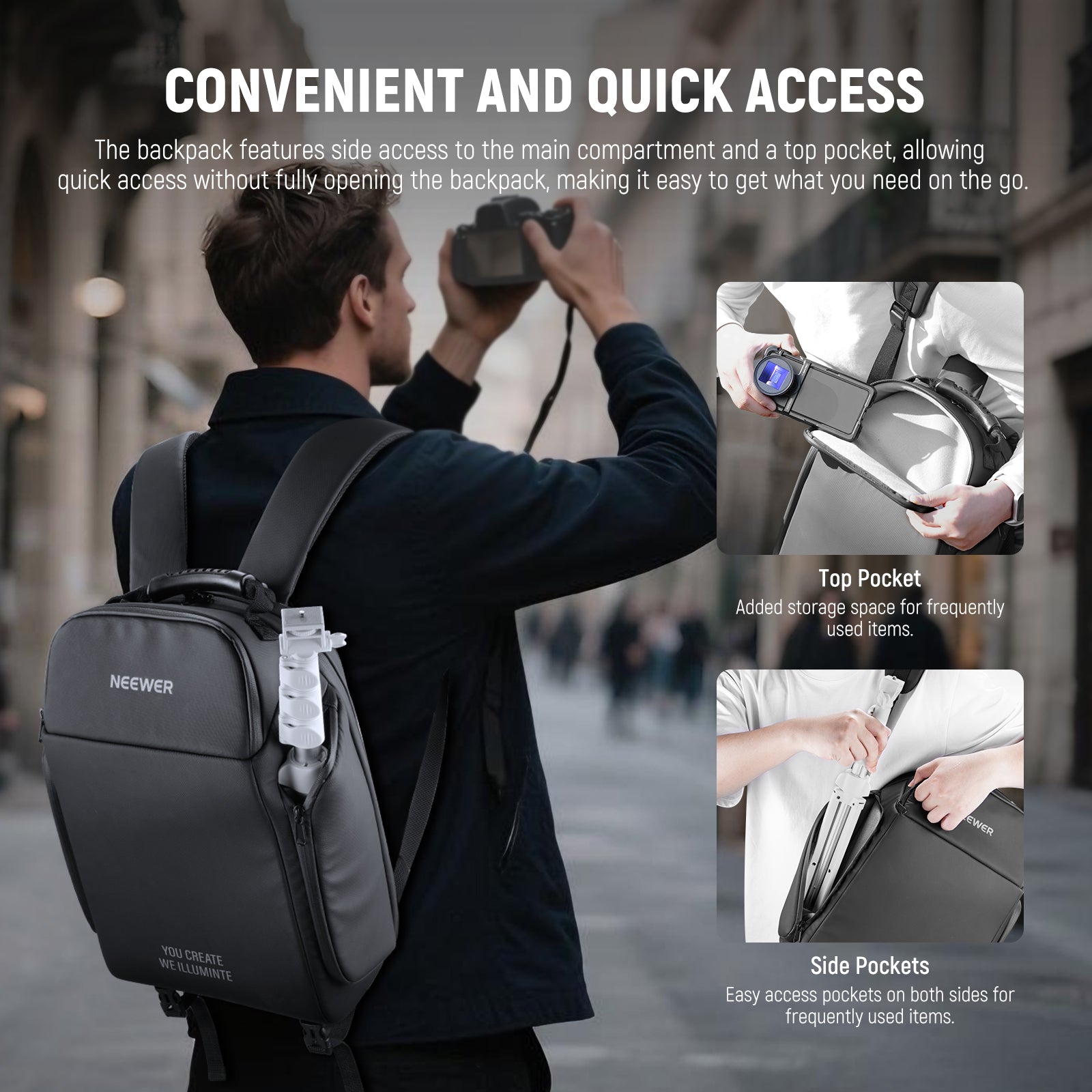 NEEWER PB26 All in One Camera Backpack features side access to the main compartment and a top pocket.