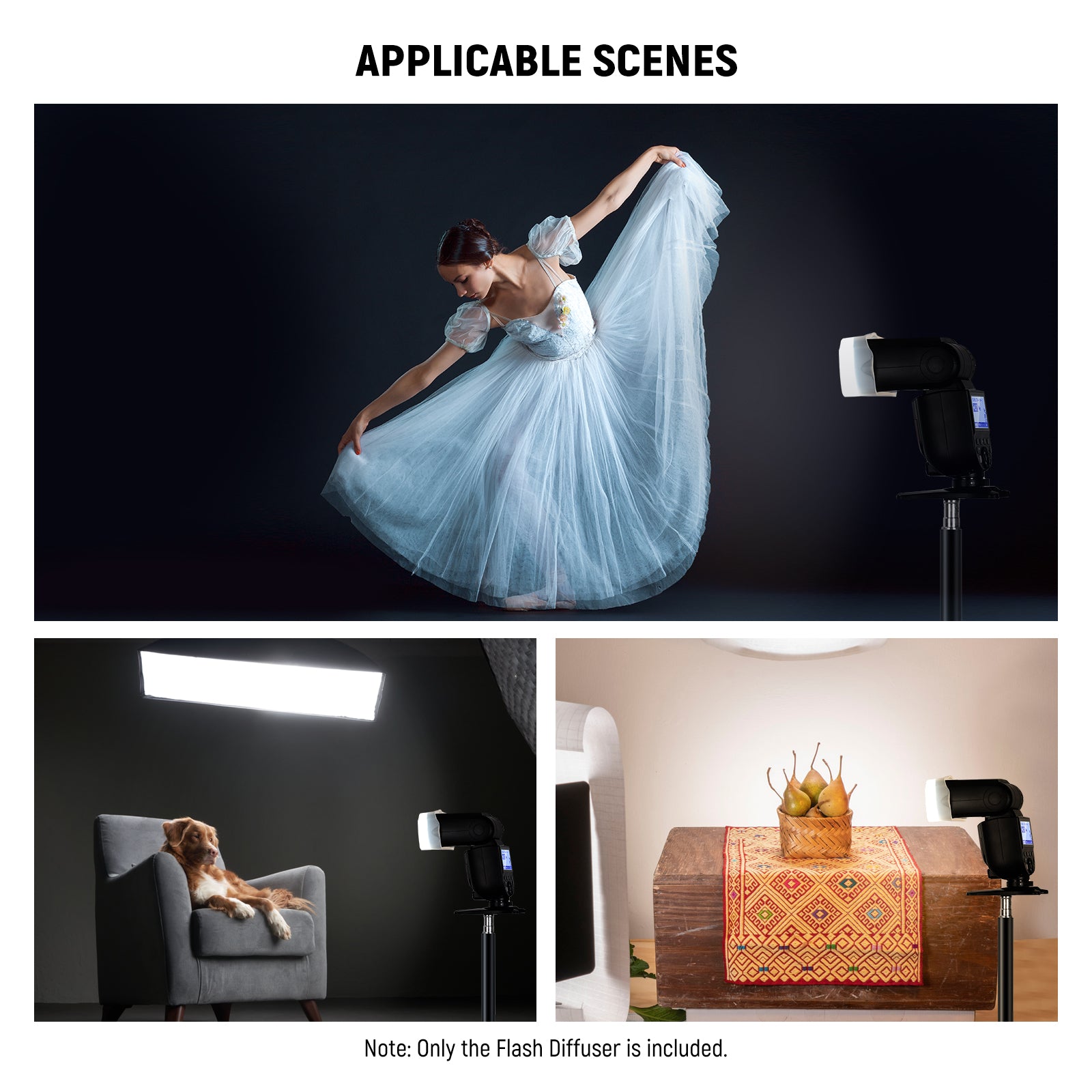 Applicable scenes of the NEEWER FA002 Flash Diffuser for Square Head Speedlite Flash